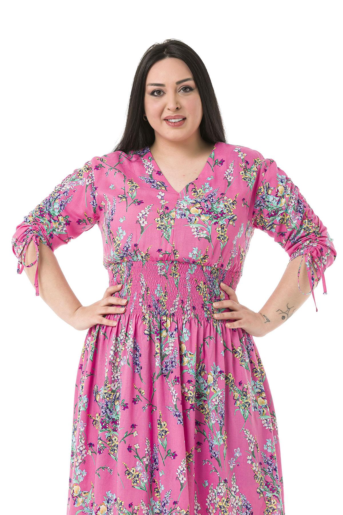 Büyük Beden V Yakalı Kolları Bağcık Detaylı Beli Gipeli Pembe Elbise