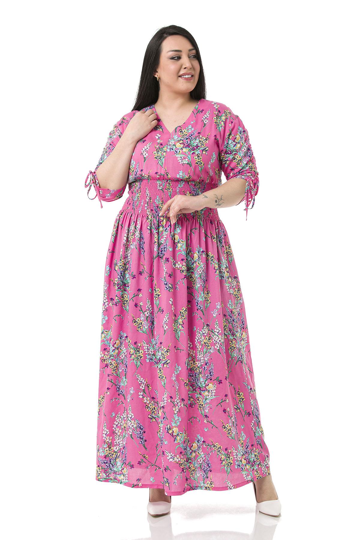 Büyük Beden V Yakalı Kolları Bağcık Detaylı Beli Gipeli Pembe Elbise