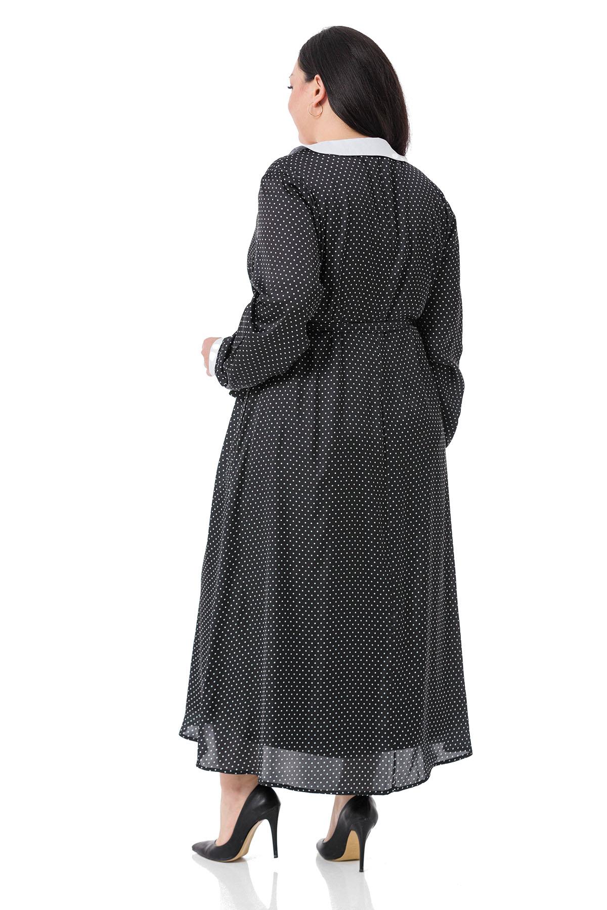 Plus Size Collar and Cuff Detailed Pocket Belted Polka Dot Satin Long Black Dress