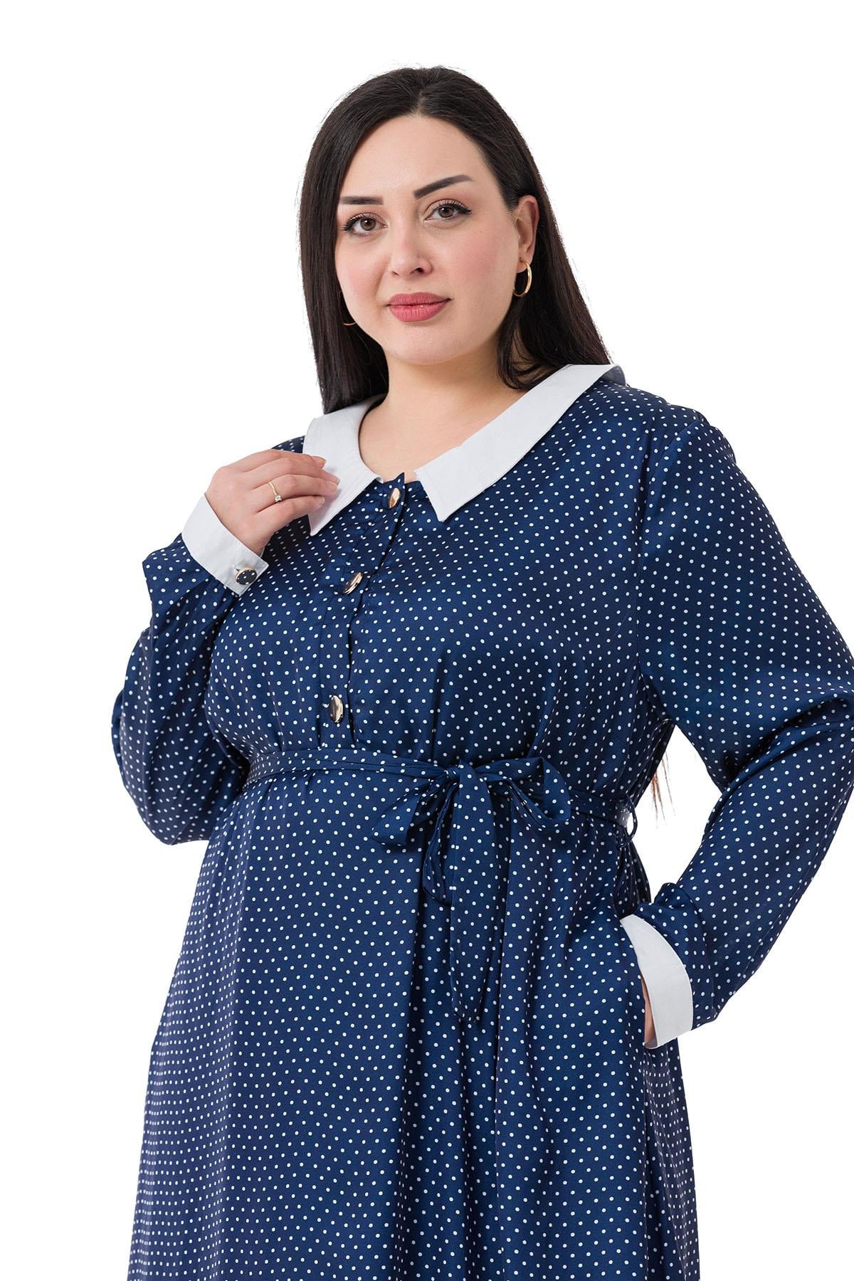 Plus Size Collar and Cuff Detailed Pocket Belted Polka Dot Satin Long Navy Blue Dress