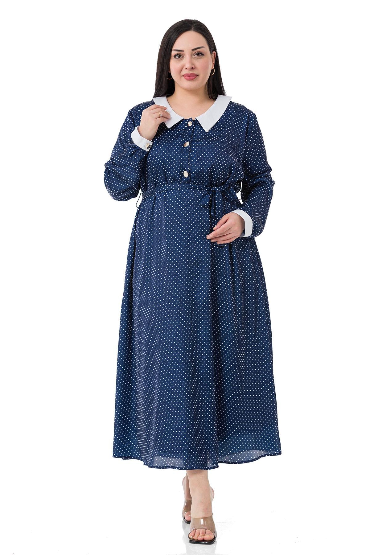 Plus Size Collar and Cuff Detailed Pocket Belted Polka Dot Satin Long Navy Blue Dress