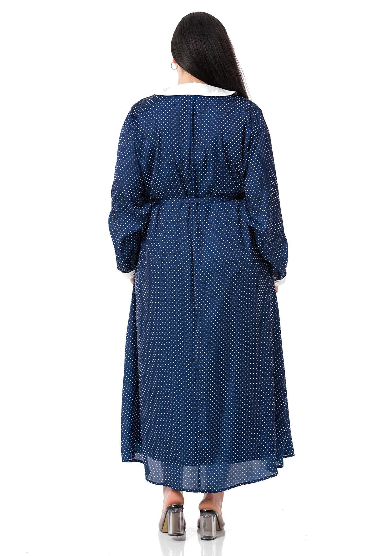 Plus Size Collar and Cuff Detailed Pocket Belted Polka Dot Satin Long Navy Blue Dress