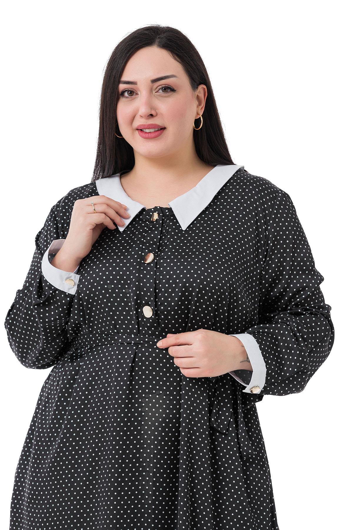 Plus Size Collar and Cuff Detailed Pocket Belted Polka Dot Satin Long Black Dress