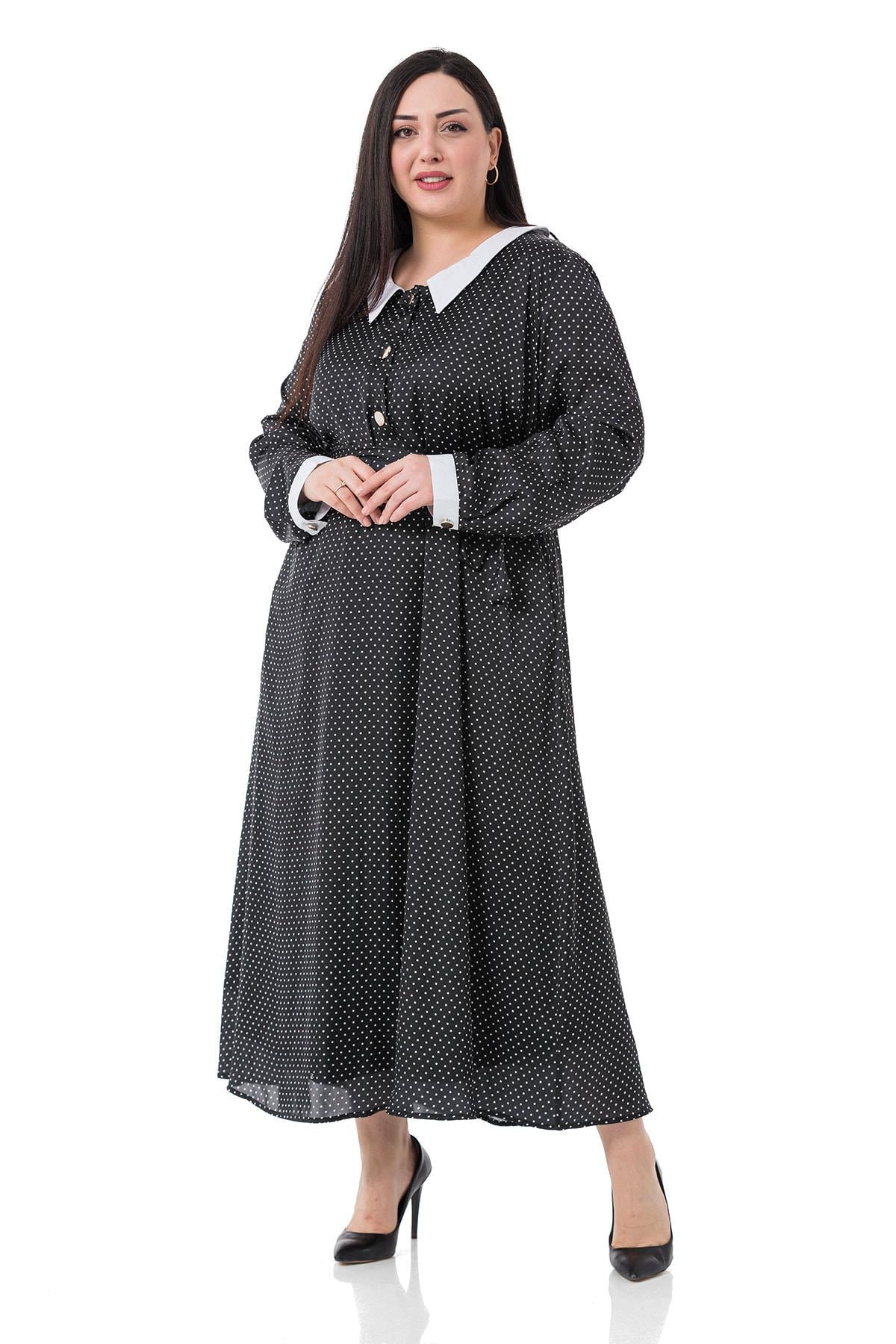 Plus Size Collar and Cuff Detailed Pocket Belted Polka Dot Satin Long Black Dress