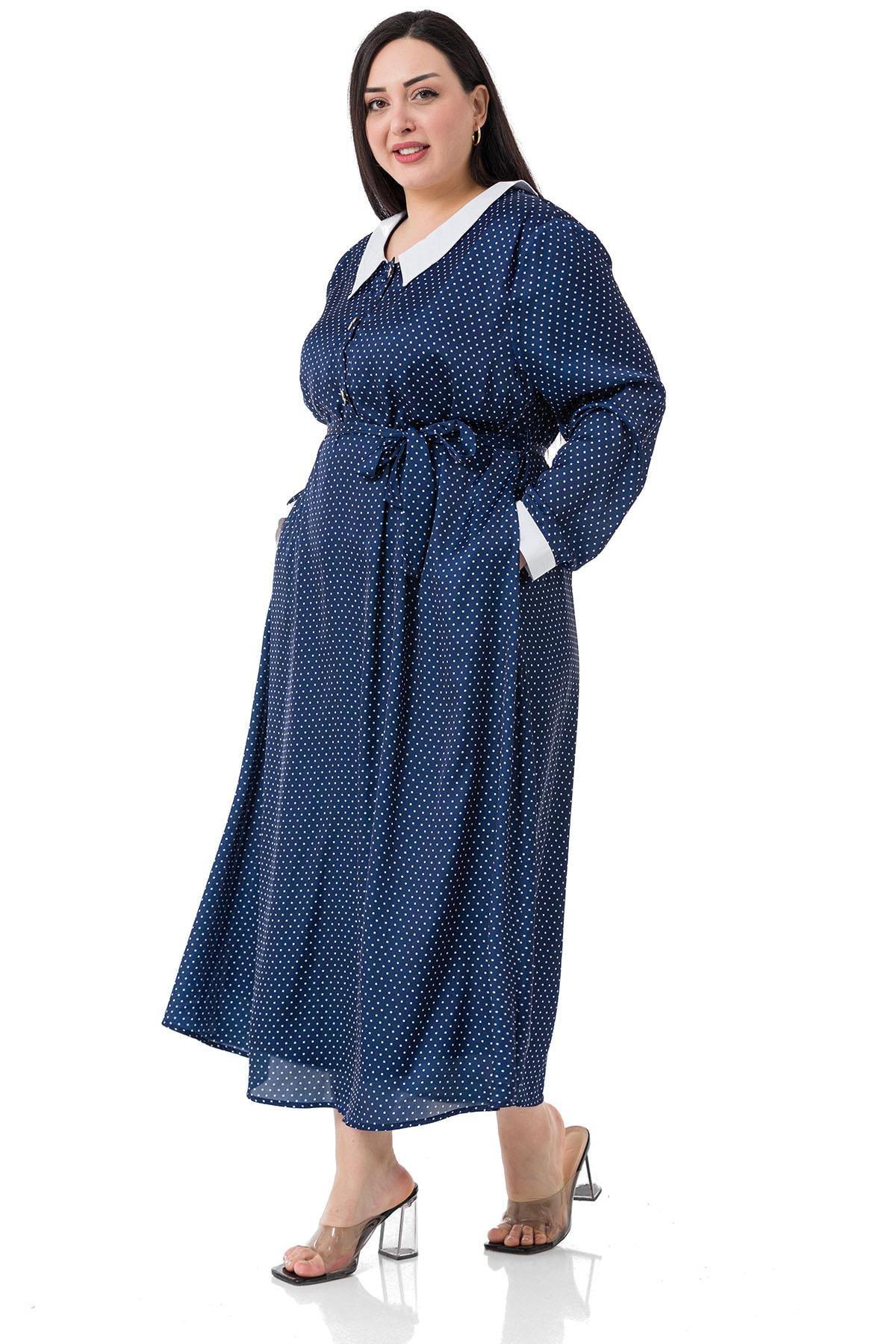 Plus Size Collar and Cuff Detailed Pocket Belted Polka Dot Satin Long Navy Blue Dress