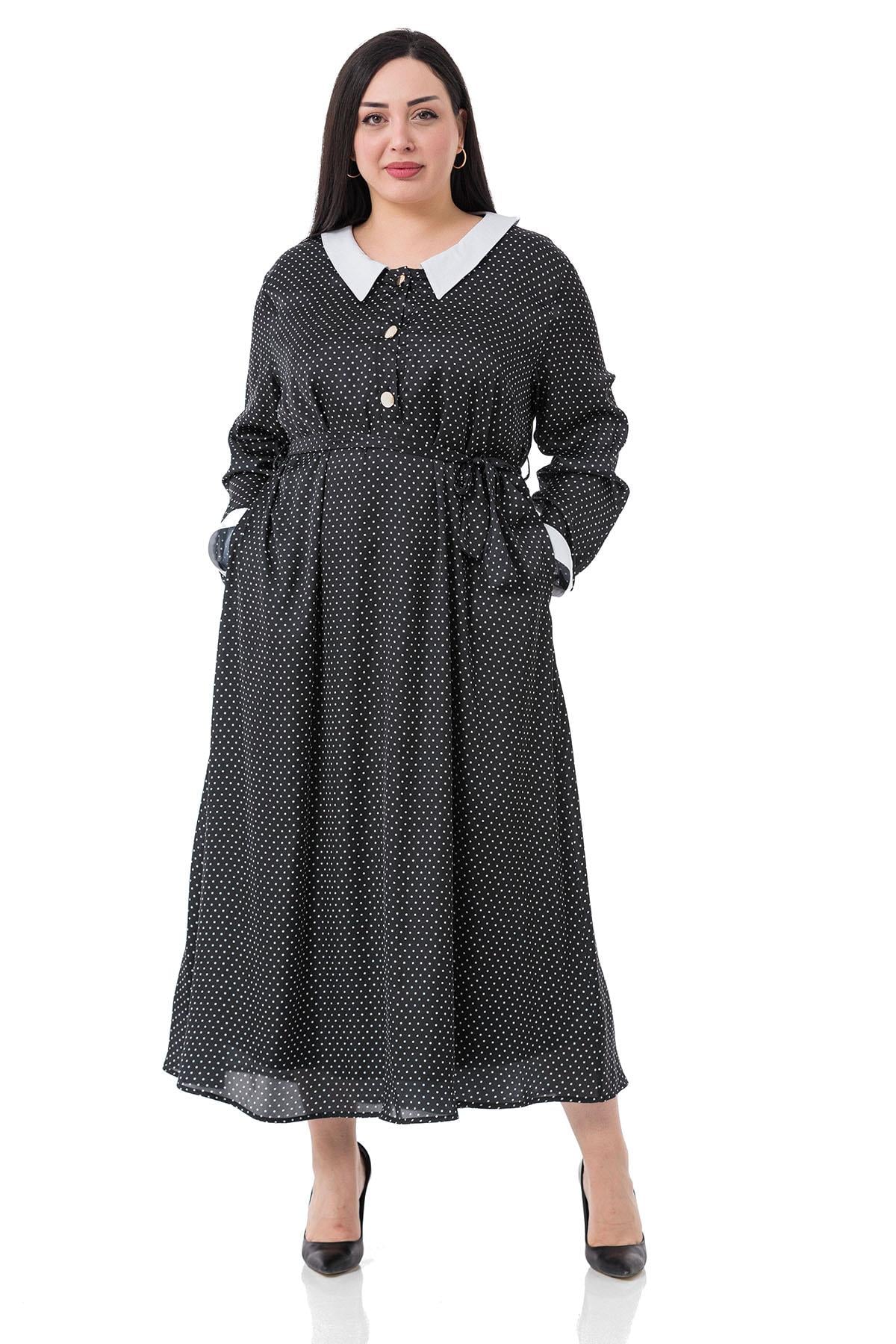 Plus Size Collar and Cuff Detailed Pocket Belted Polka Dot Satin Long Black Dress