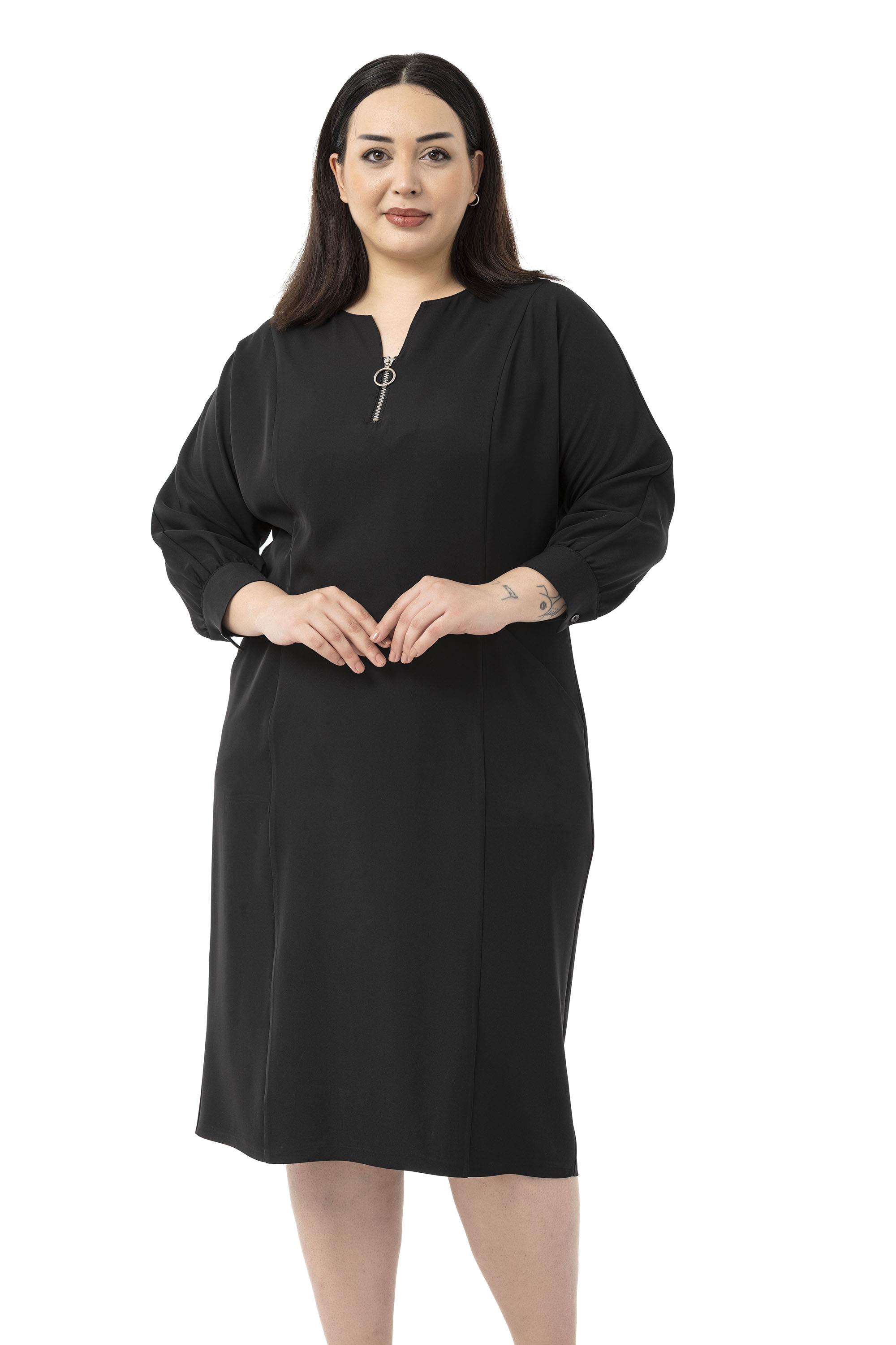 Büyük Beden Yakası Fermuar Detaylı Torba Cepli Truvakar Kol Midi Siyah Elbise 