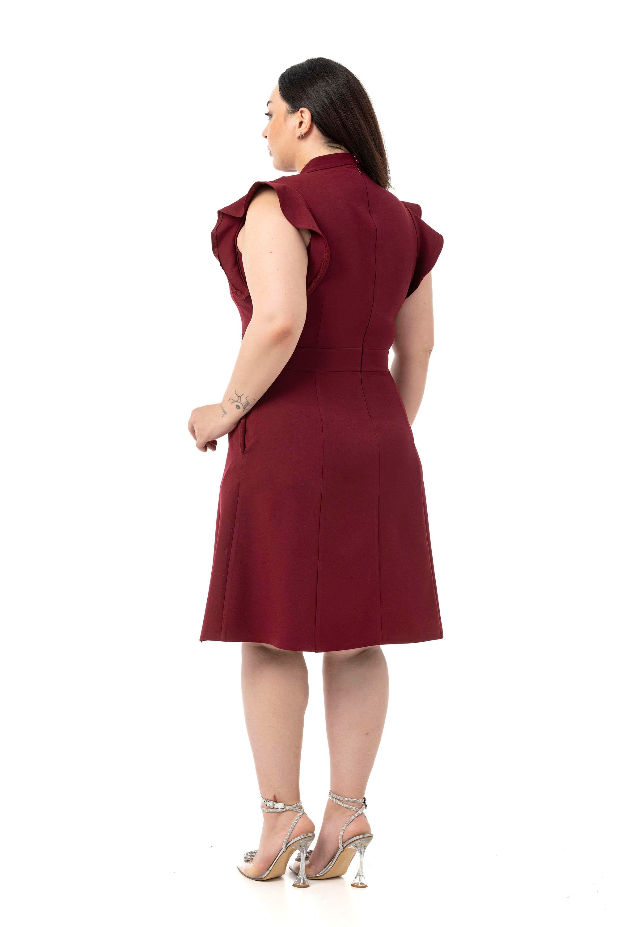 Büyük Beden Yakası Fularlı Kolları Volanlı Midi Bordo Elbise 