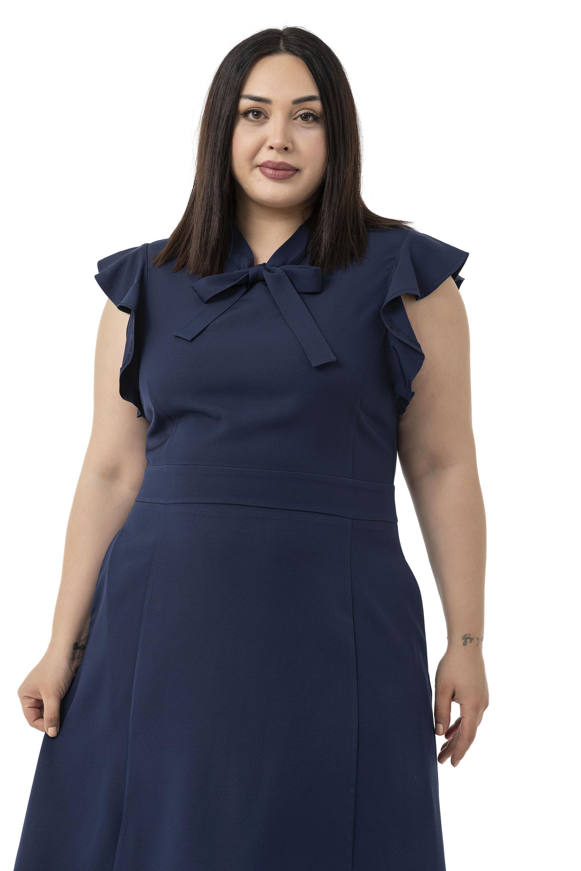 Büyük Beden Yakası Fularlı Kolları Volanlı Midi Lacivert Elbise 