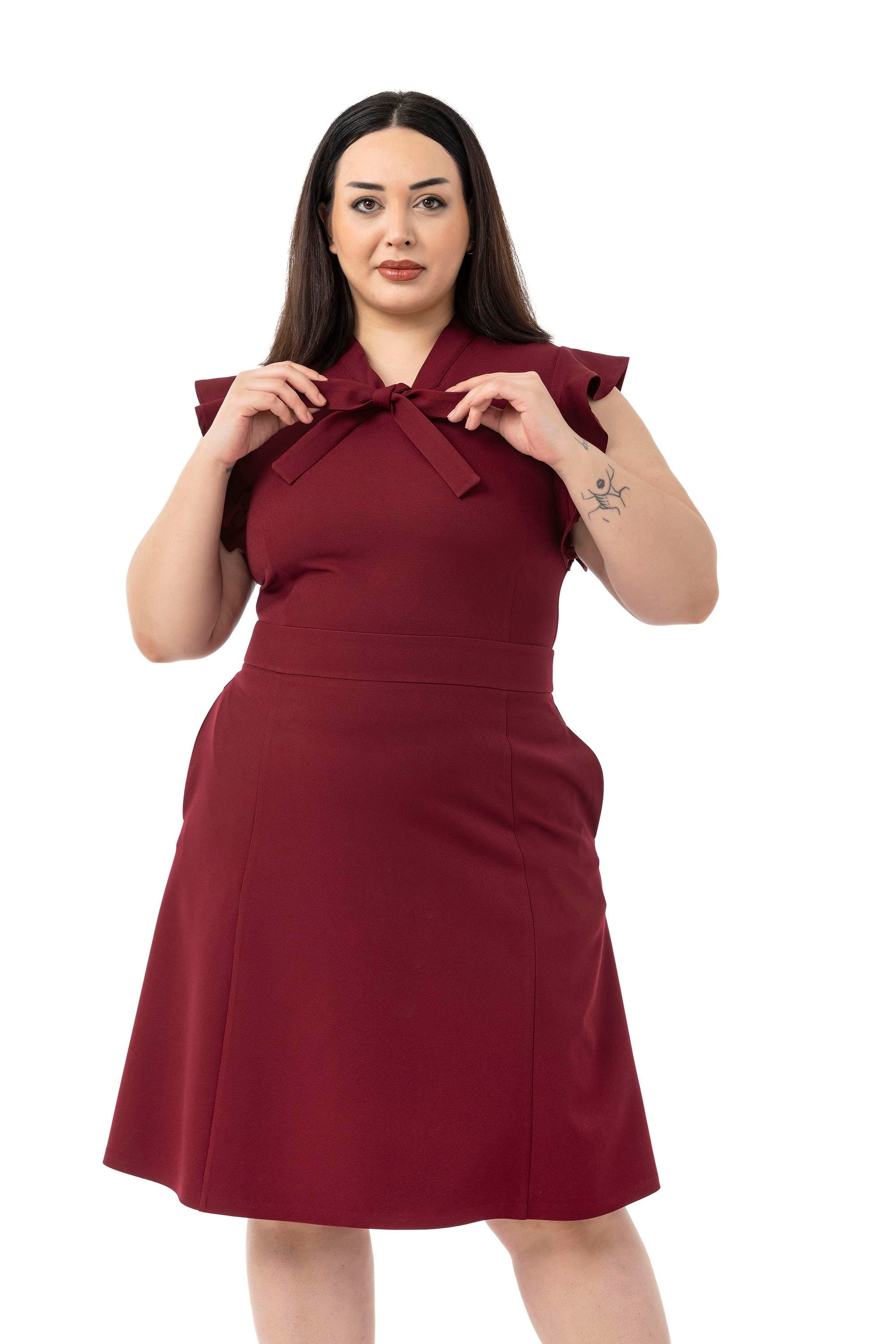 Büyük Beden Yakası Fularlı Kolları Volanlı Midi Bordo Elbise 