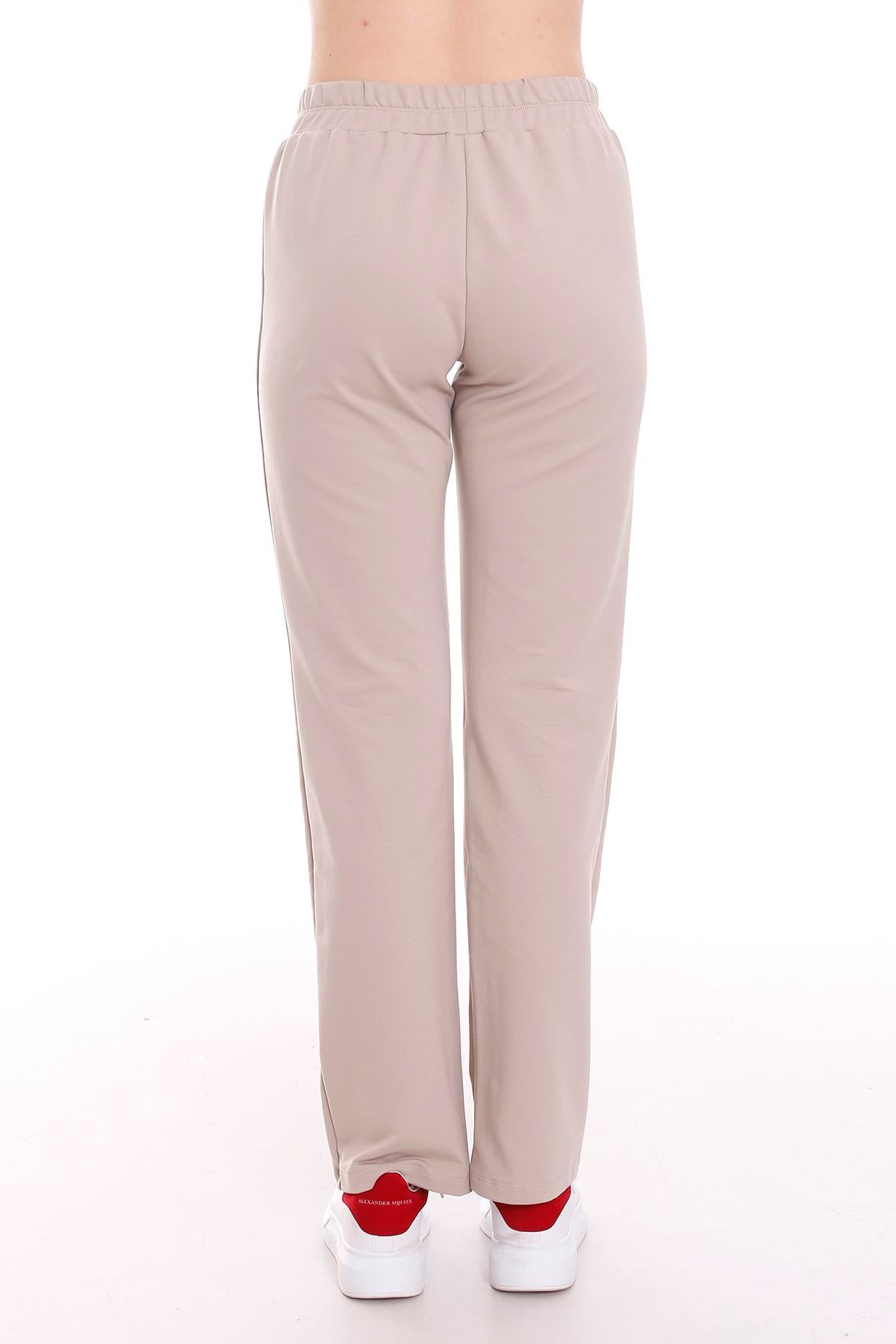 Beige Tube Leg Sweatpants with Elastic Waist