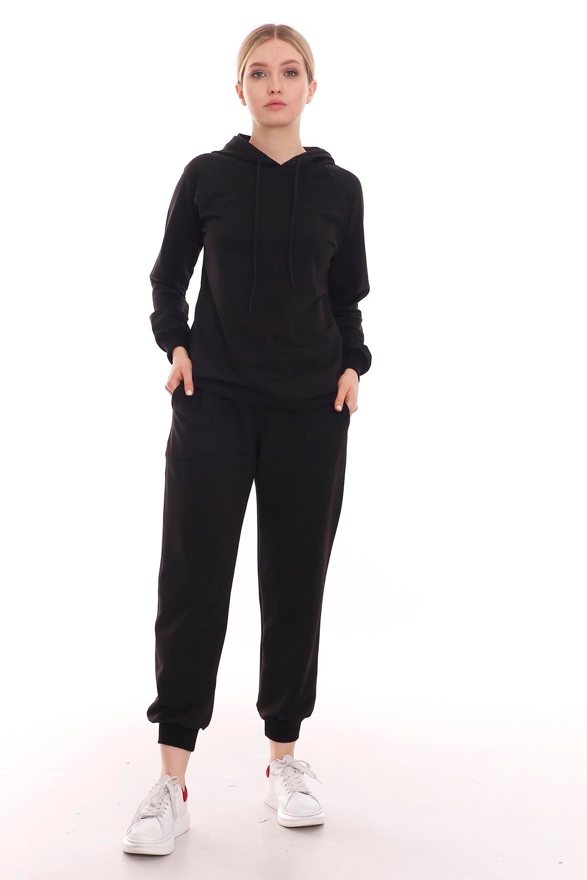 Black Sweatpants with Elastic Waistband and Lace Detail, Front Pocket
