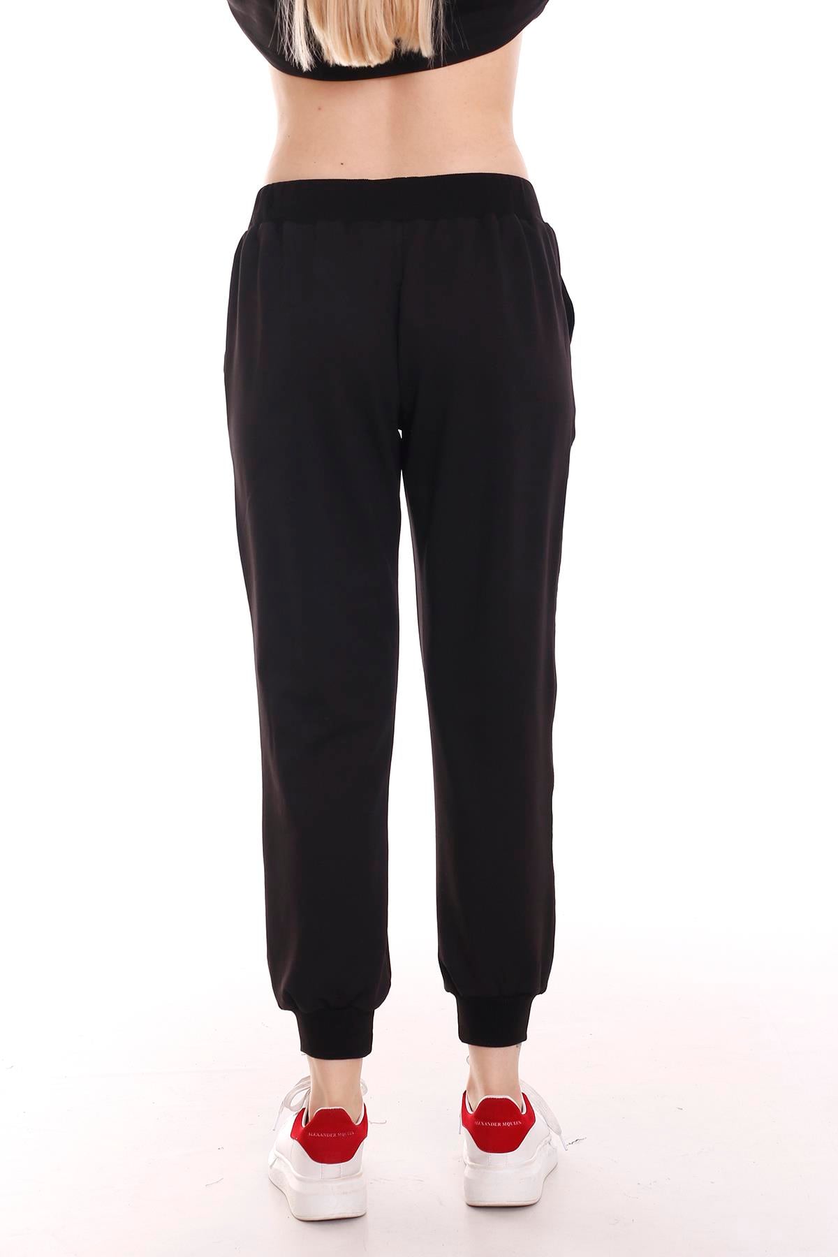 Black Sweatpants with Elastic Waistband and Lace Detail, Front Pocket