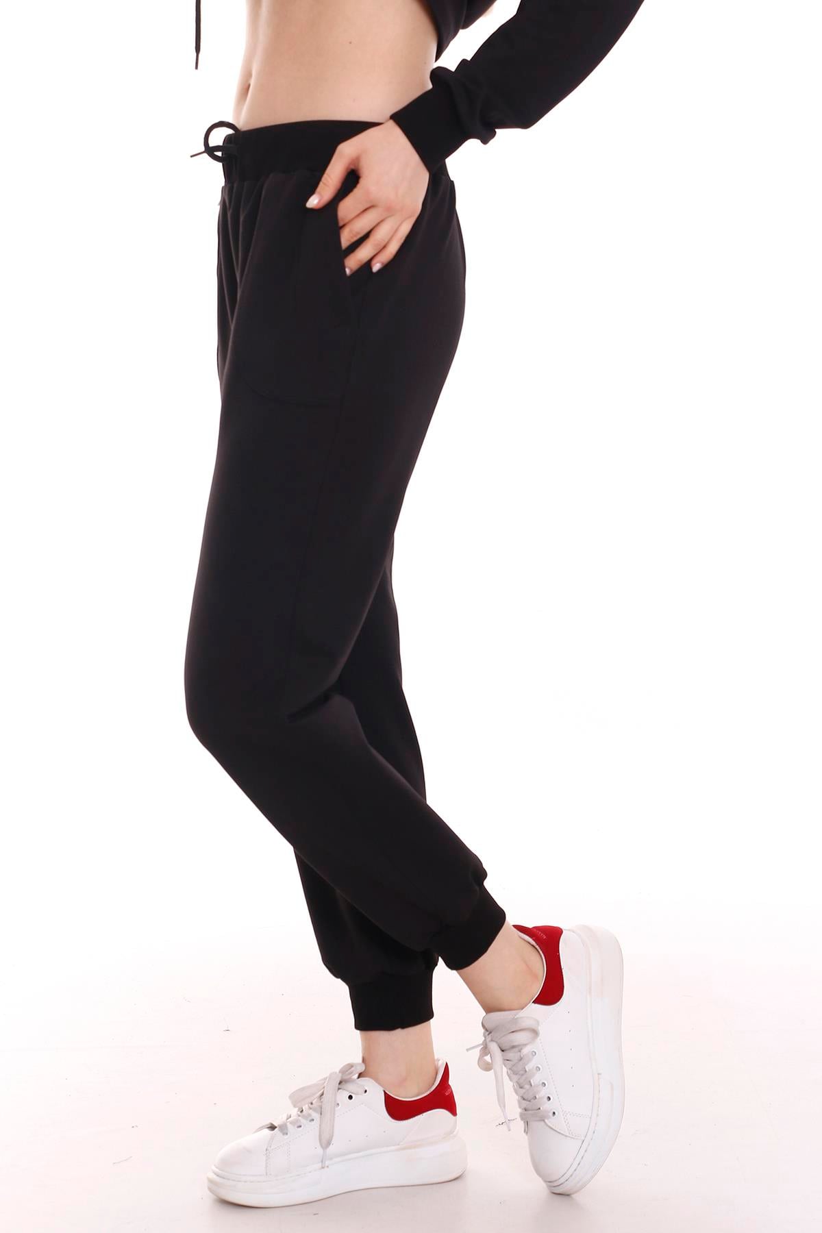 Black Sweatpants with Elastic Waistband and Lace Detail, Front Pocket