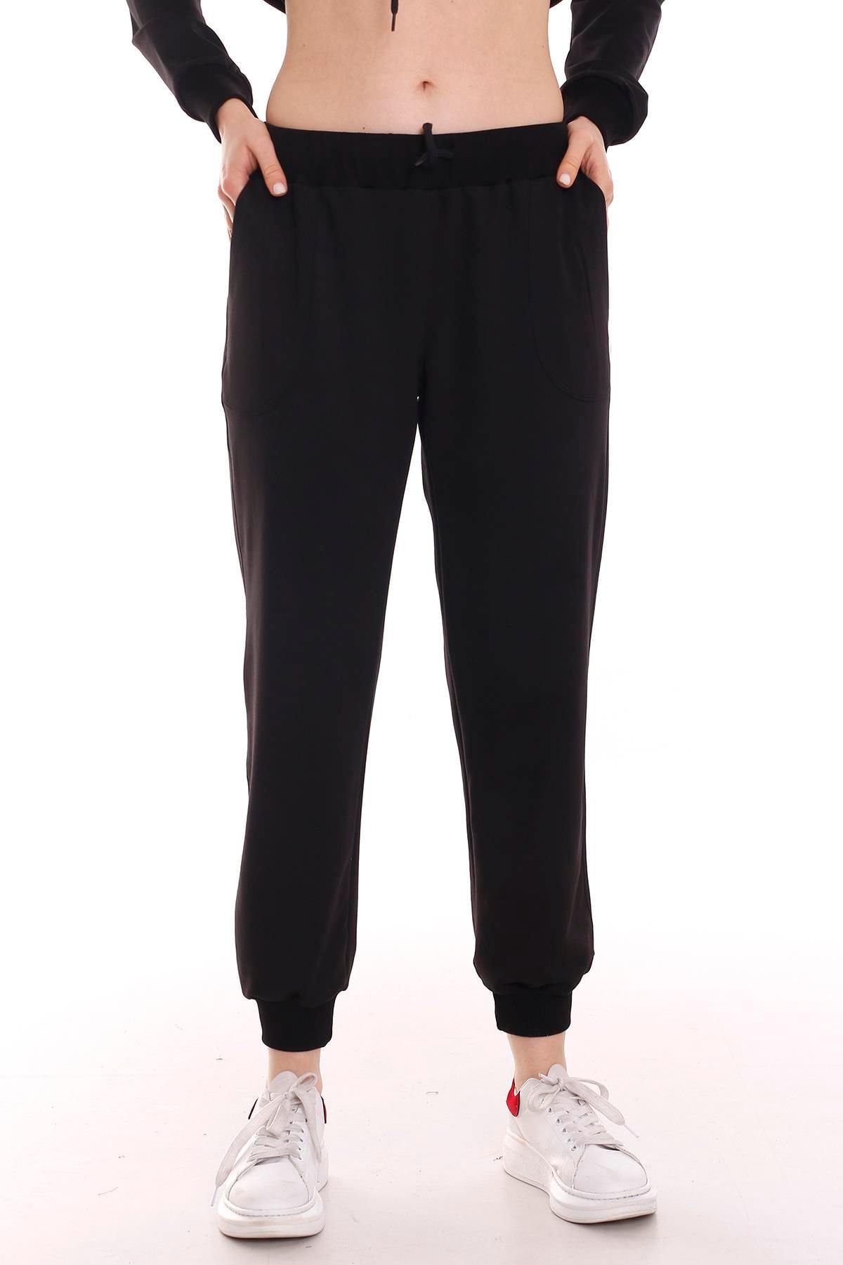 Black Sweatpants with Elastic Waistband and Lace Detail, Front Pocket