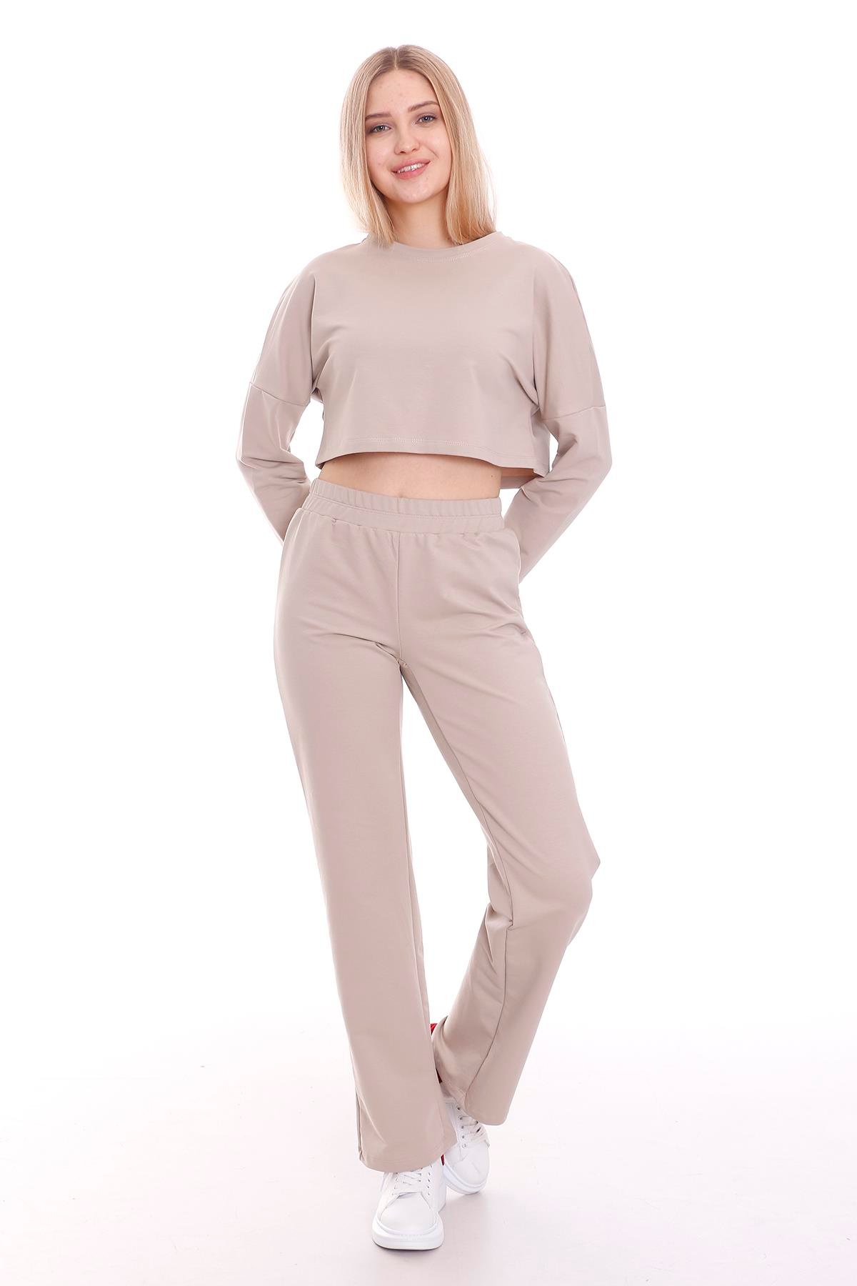 Belden Lastikli Uzun Kollu Crop Eşofman Takım