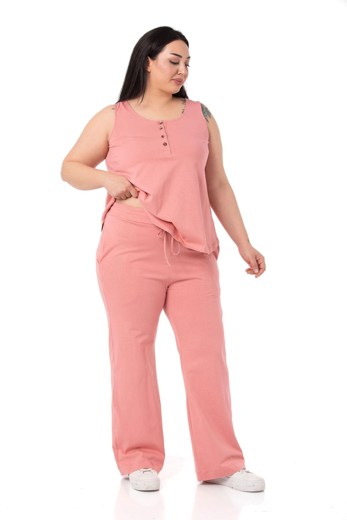 Büyük Beden Penye Pembe Eşofman Takımı