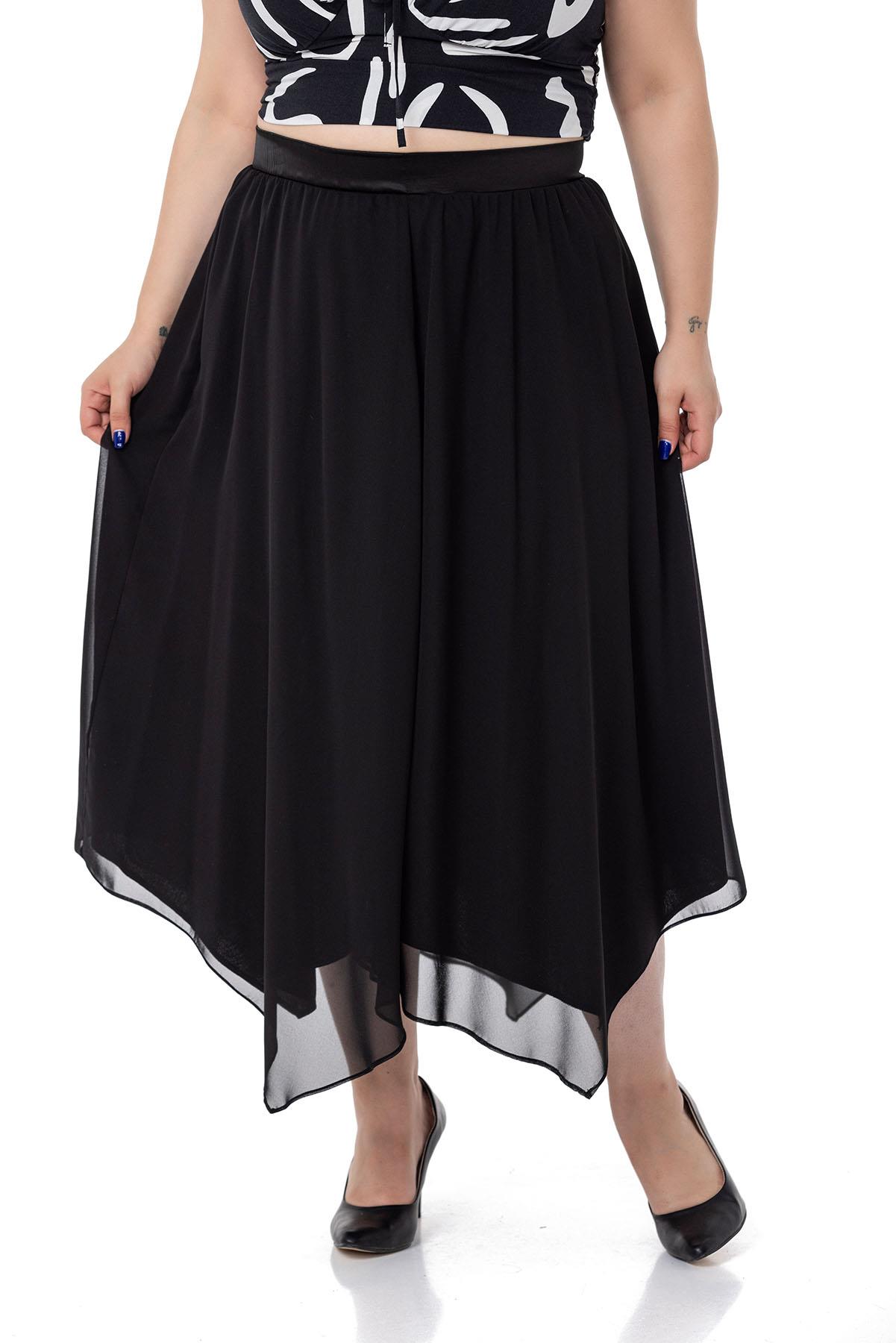 Plus Size Asymmetrical Cut Lined Black Chiffon Skirt