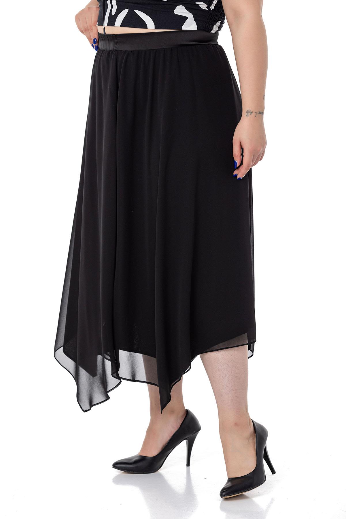 Plus Size Asymmetrical Cut Lined Black Chiffon Skirt