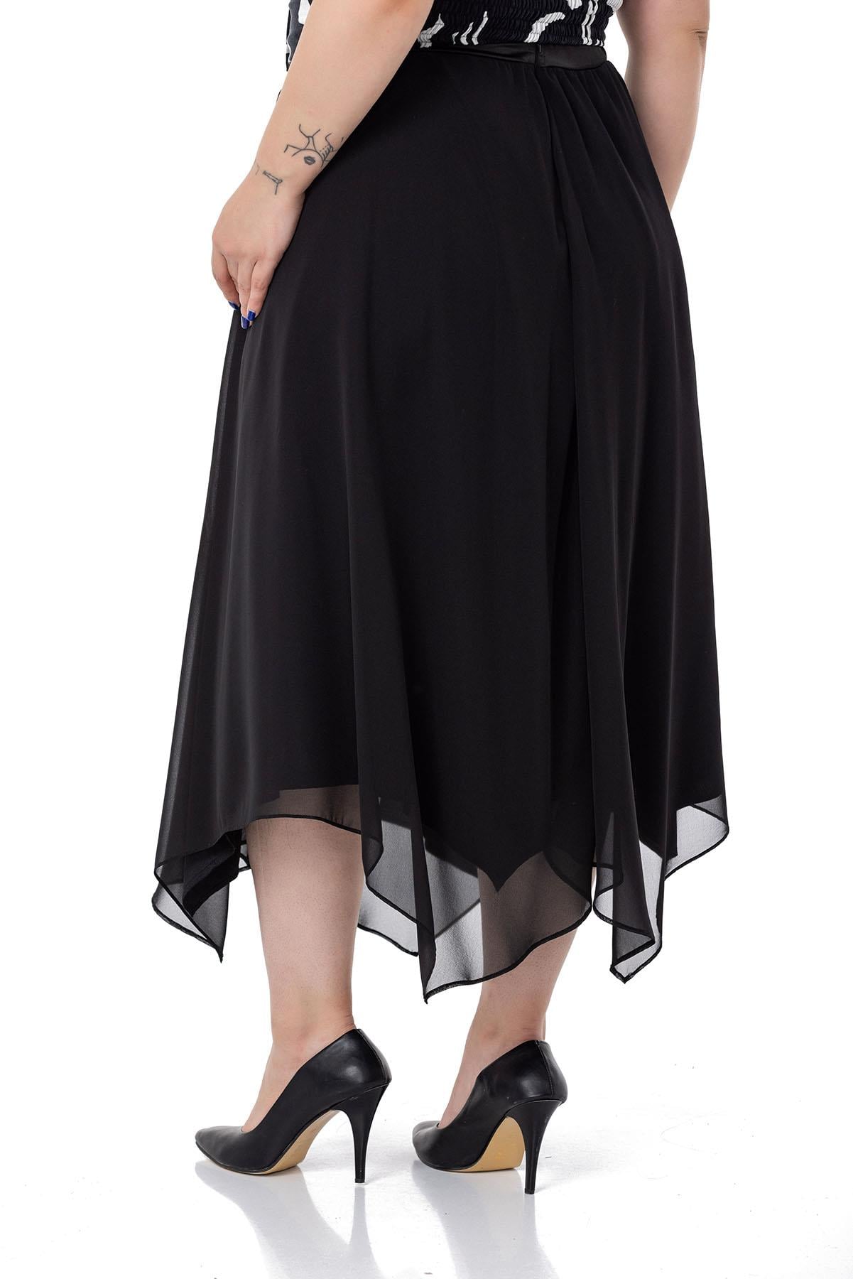 Plus Size Asymmetrical Cut Lined Black Chiffon Skirt