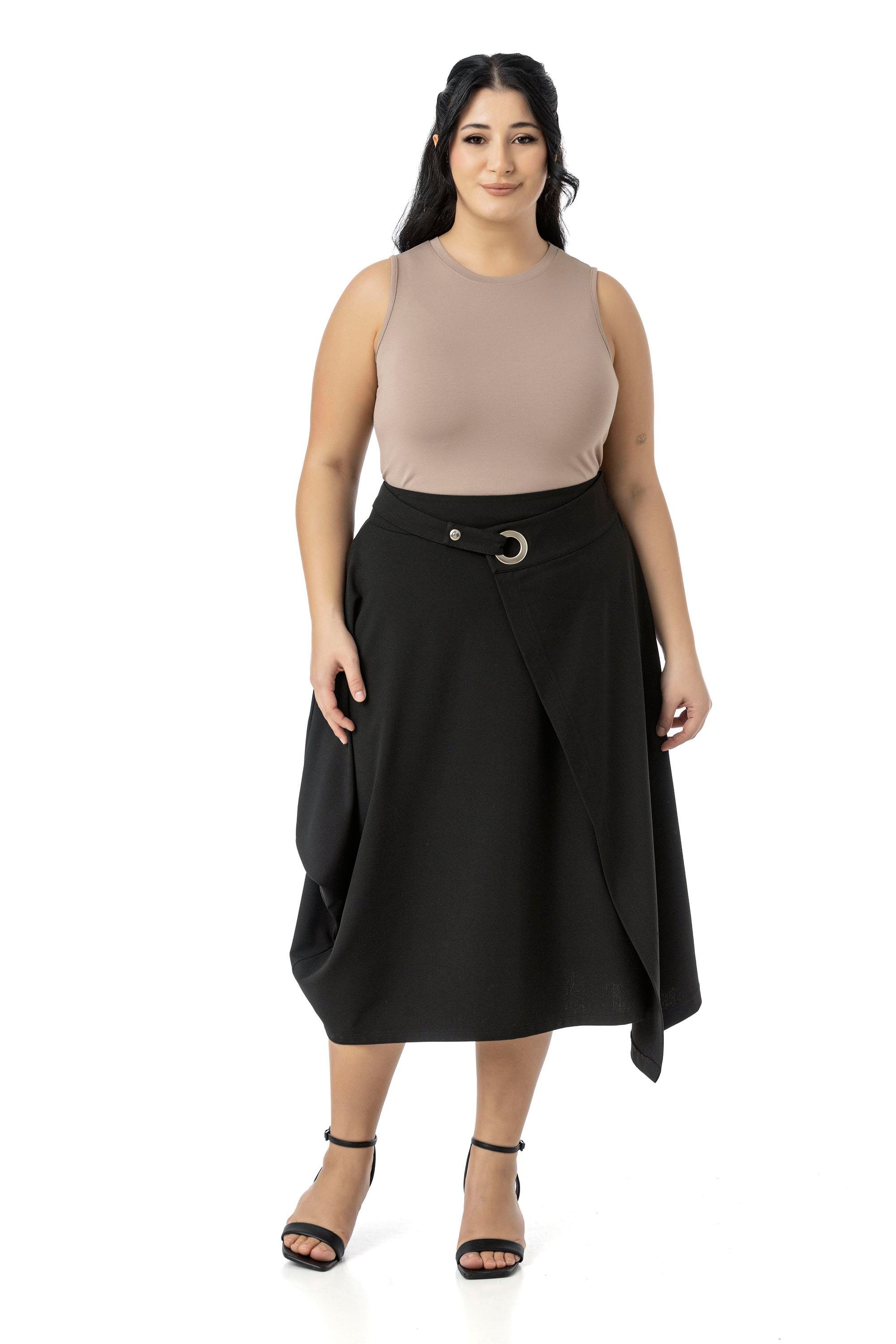 Büyük Beden Asimetrik Kesim Kuşgözü Detaylı Tek Cepli Midi Siyah Etek