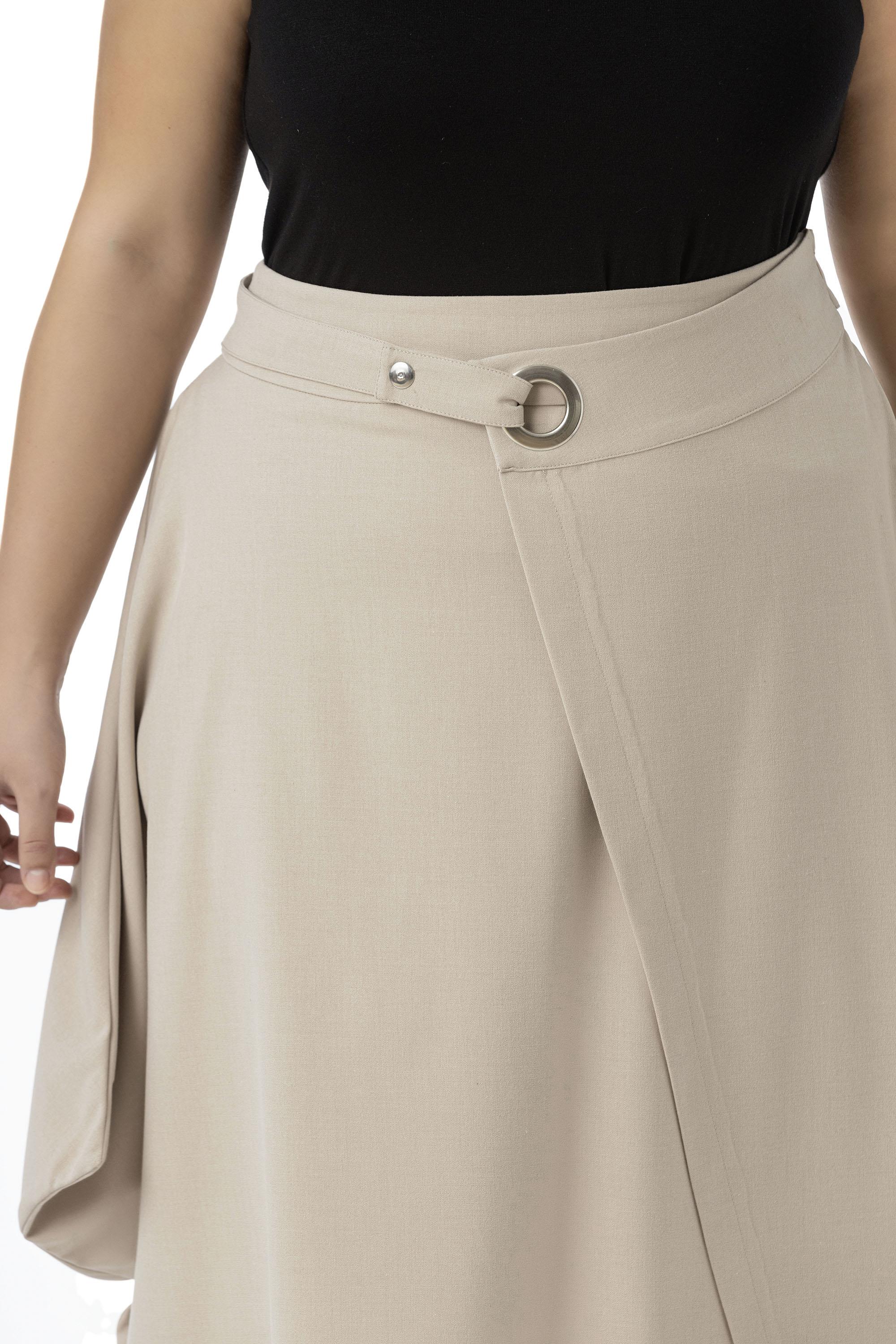 Büyük Beden Asimetrik Kesim Kuşgözü Detaylı Tek Cepli Midi Bej Rengi Etek