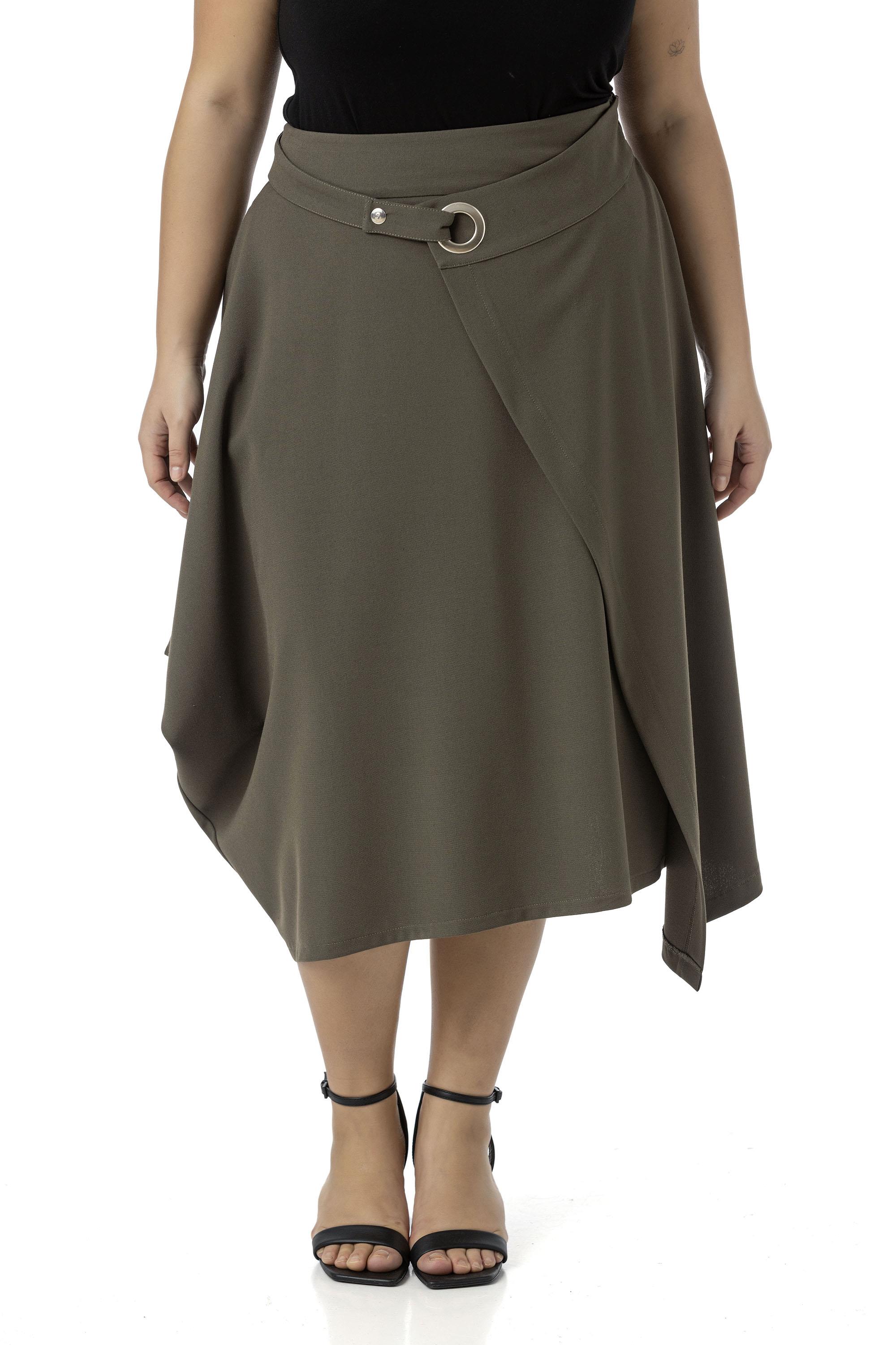 Büyük Beden Asimetrik Kesim Kuşgözü Detaylı Tek Cepli Midi Haki Etek