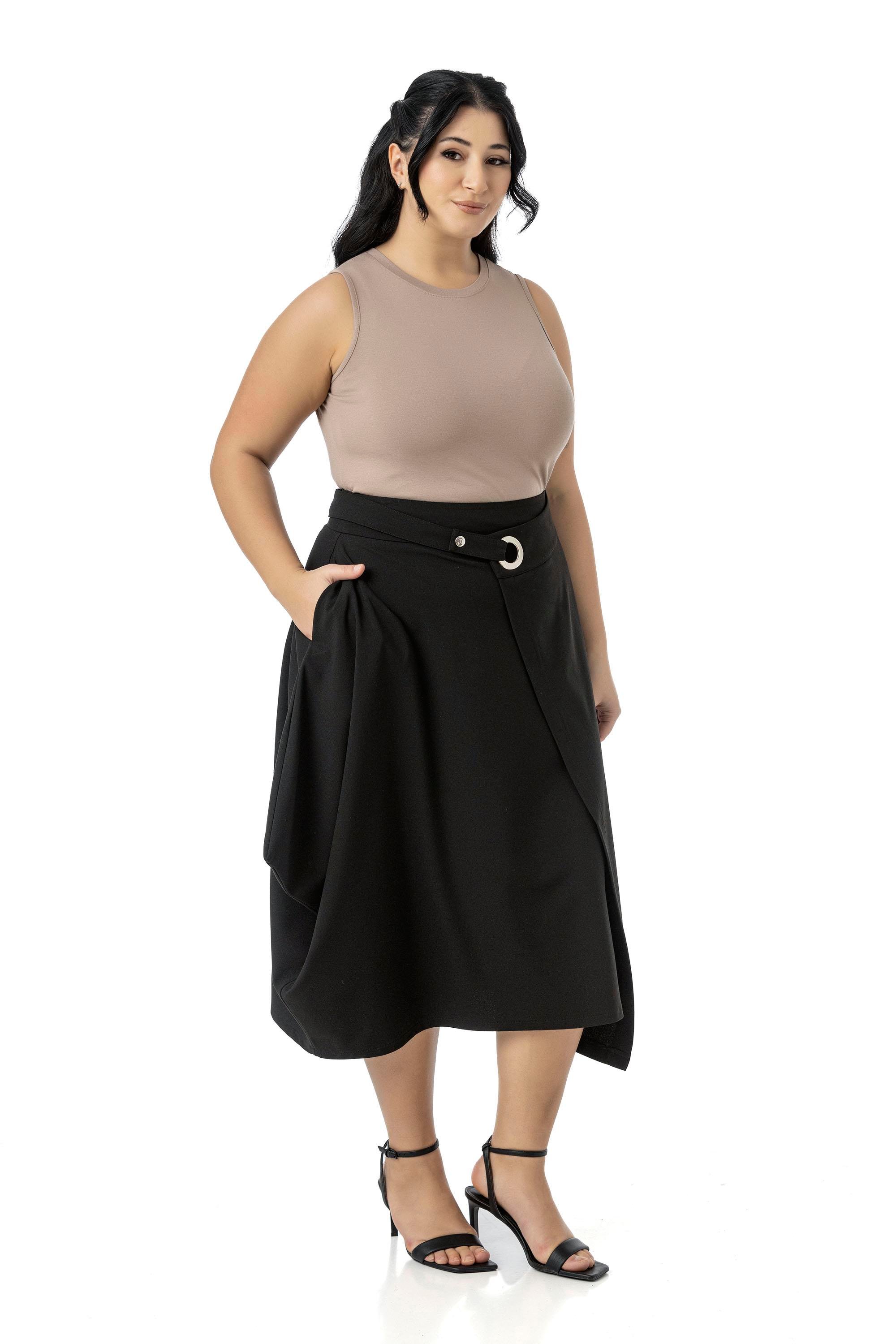 Büyük Beden Asimetrik Kesim Kuşgözü Detaylı Tek Cepli Midi Siyah Etek