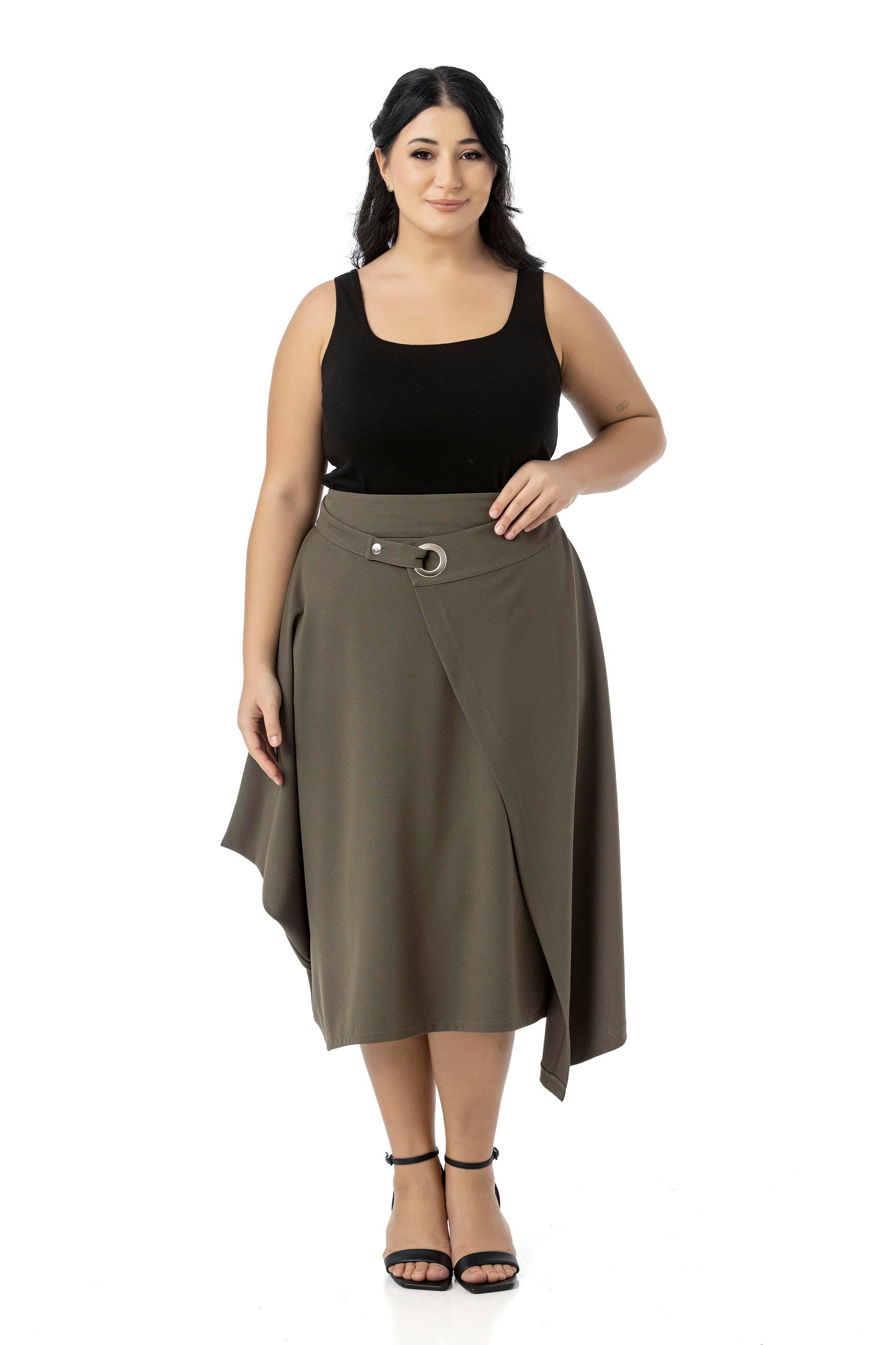 Büyük Beden Asimetrik Kesim Kuşgözü Detaylı Tek Cepli Midi Haki Etek