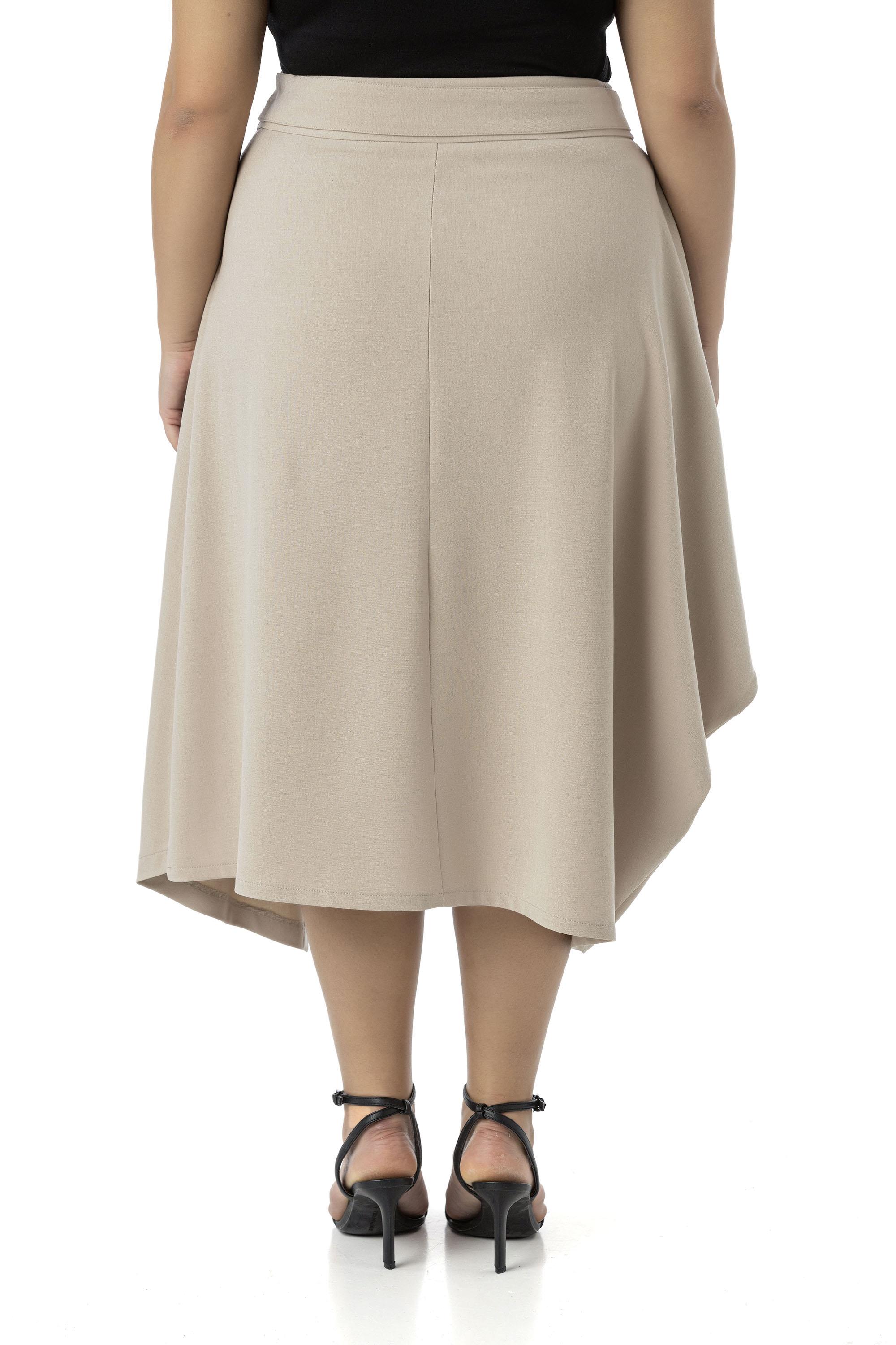 Büyük Beden Asimetrik Kesim Kuşgözü Detaylı Tek Cepli Midi Bej Rengi Etek