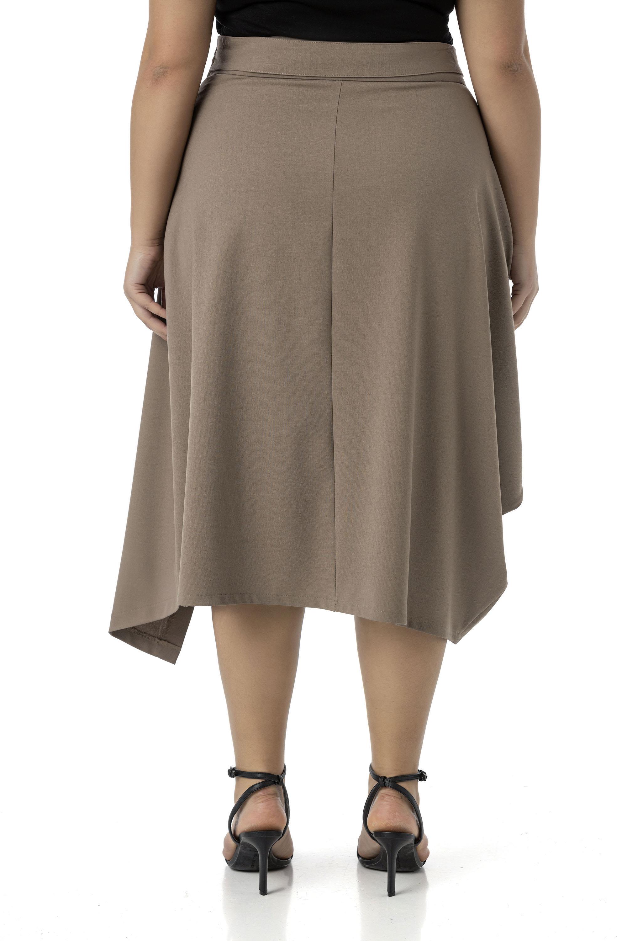 Büyük Beden Asimetrik Kesim Kuşgözü Detaylı Tek Cepli Midi Vizon Etek