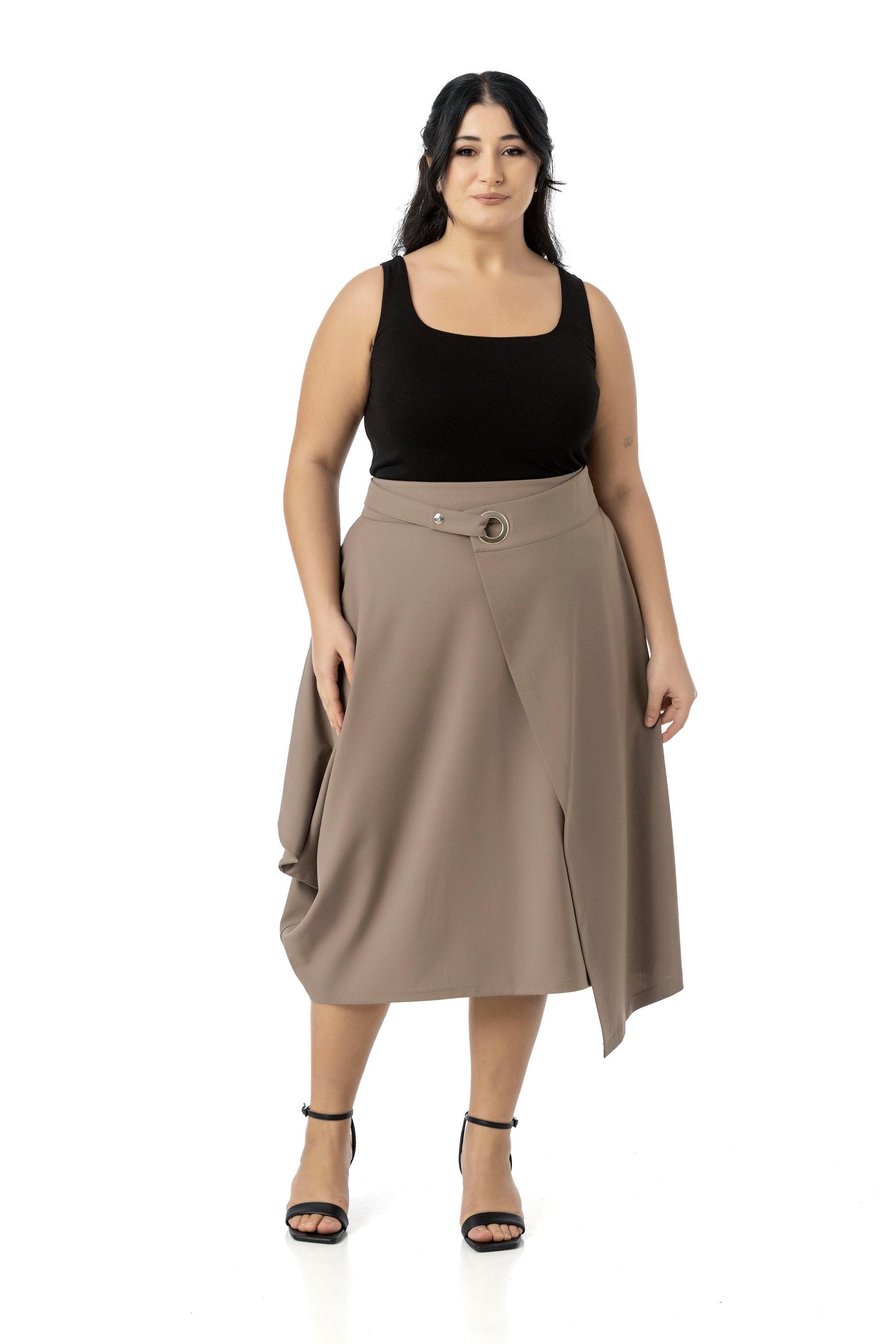 Büyük Beden Asimetrik Kesim Kuşgözü Detaylı Tek Cepli Midi Vizon Etek