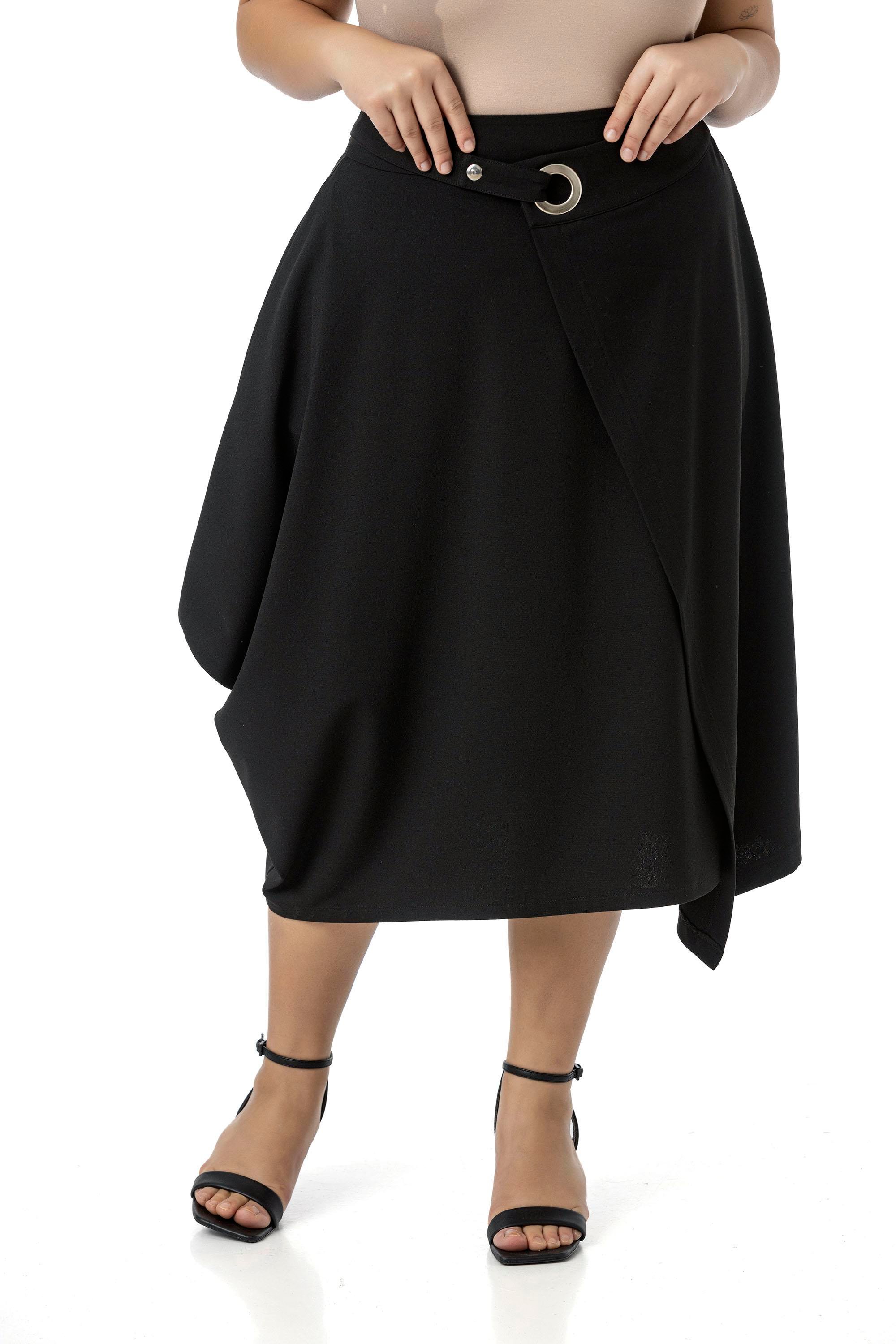 Büyük Beden Asimetrik Kesim Kuşgözü Detaylı Tek Cepli Midi Siyah Etek