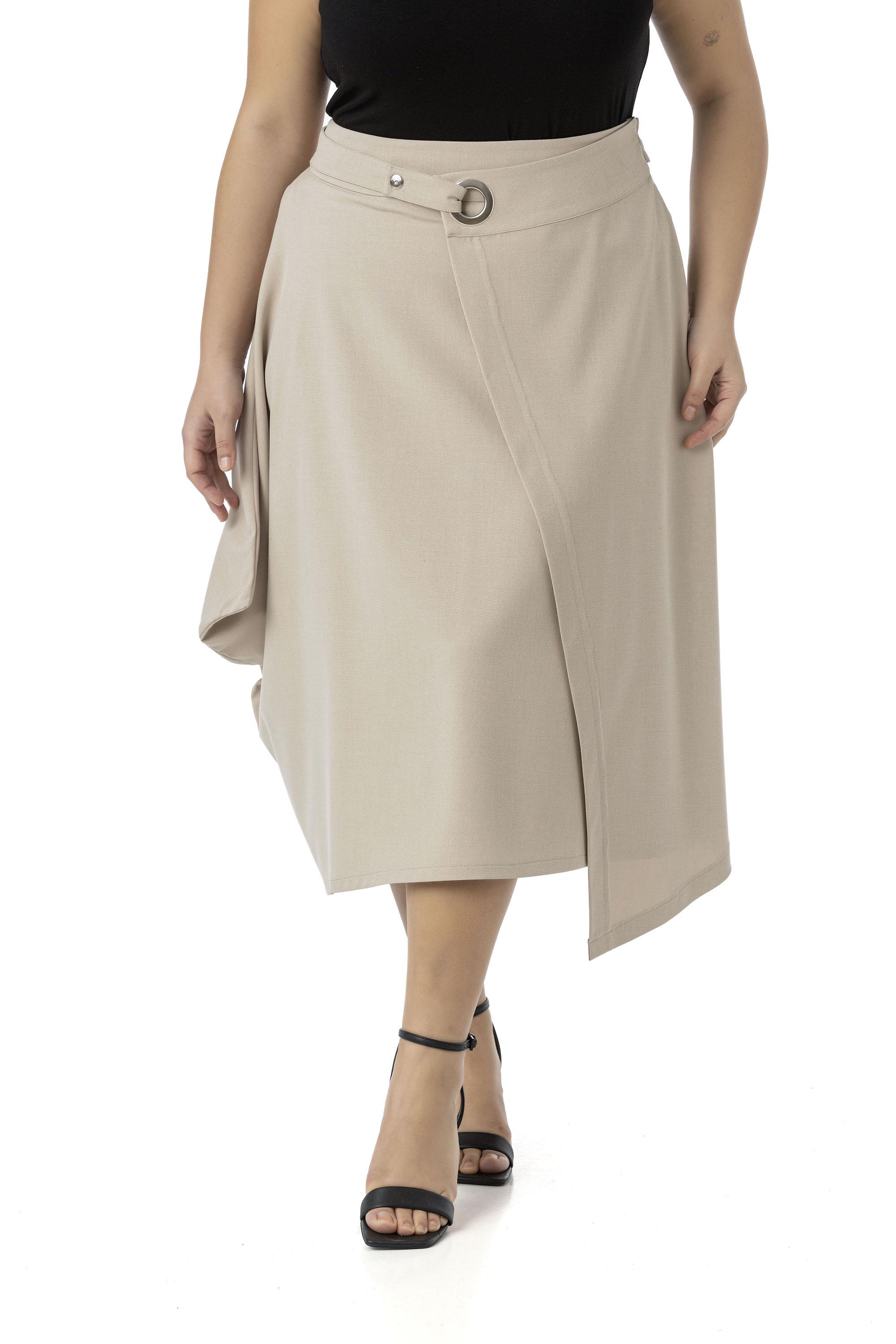 Büyük Beden Asimetrik Kesim Kuşgözü Detaylı Tek Cepli Midi Bej Rengi Etek