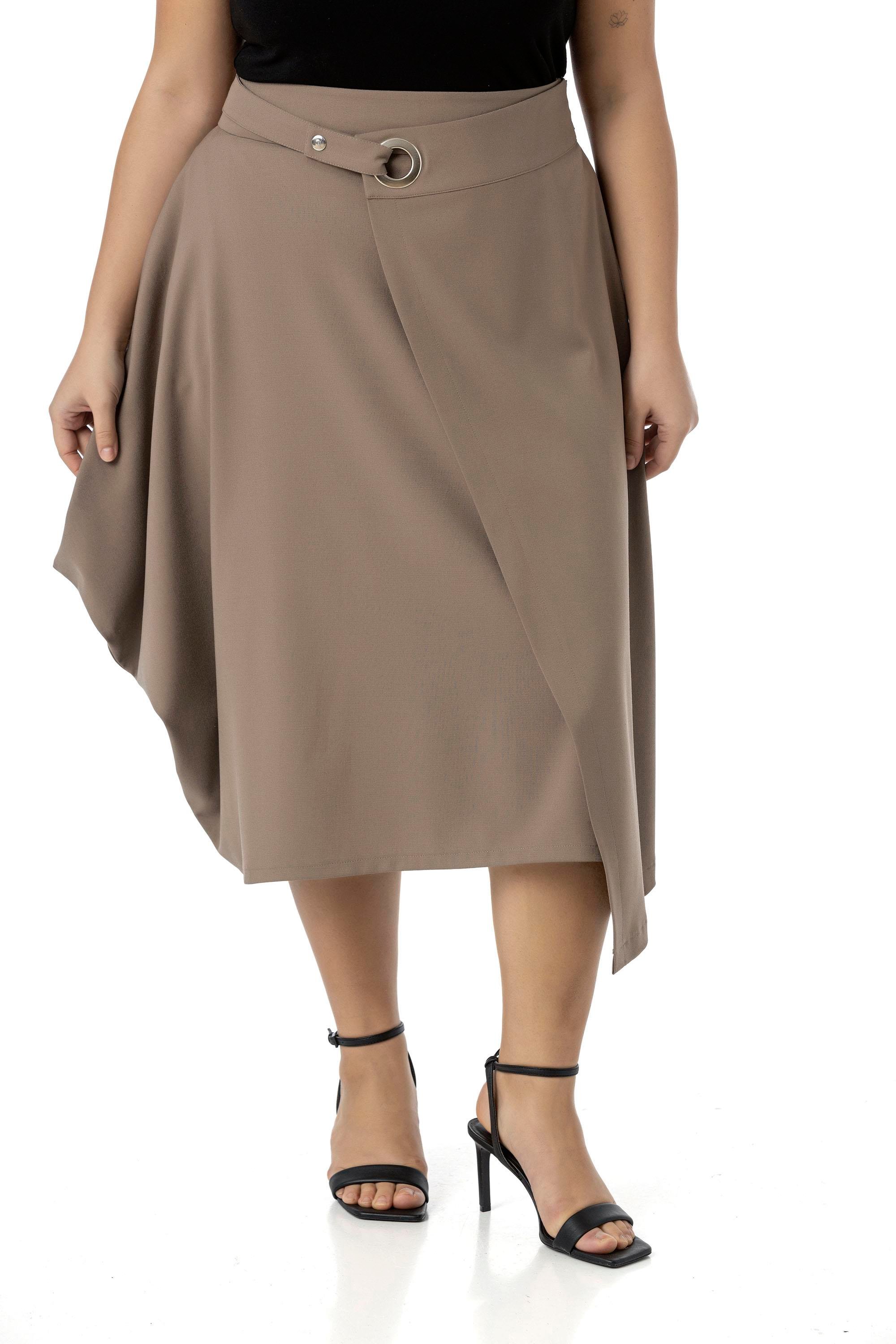 Büyük Beden Asimetrik Kesim Kuşgözü Detaylı Tek Cepli Midi Vizon Etek