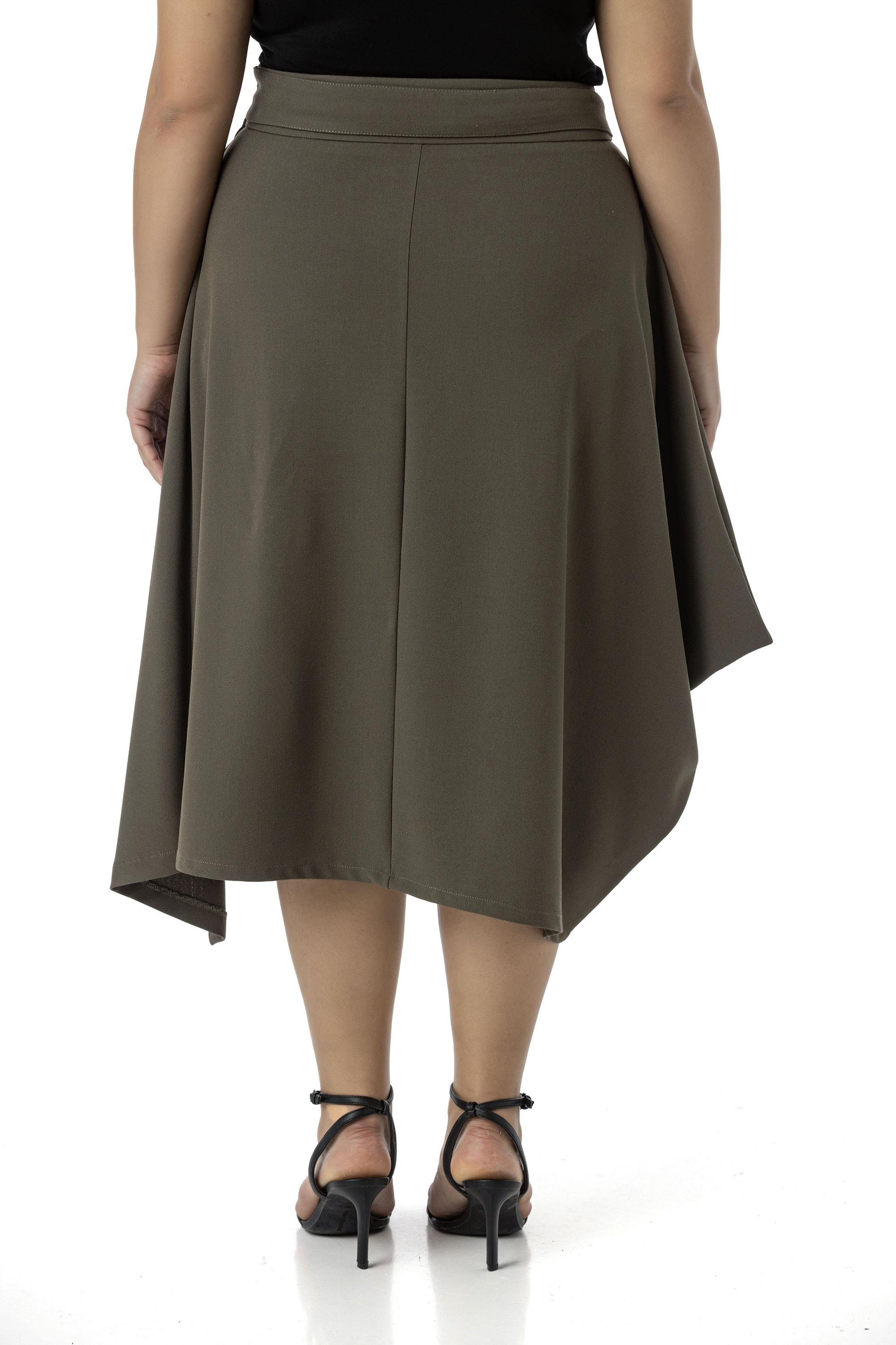 Büyük Beden Asimetrik Kesim Kuşgözü Detaylı Tek Cepli Midi Haki Etek