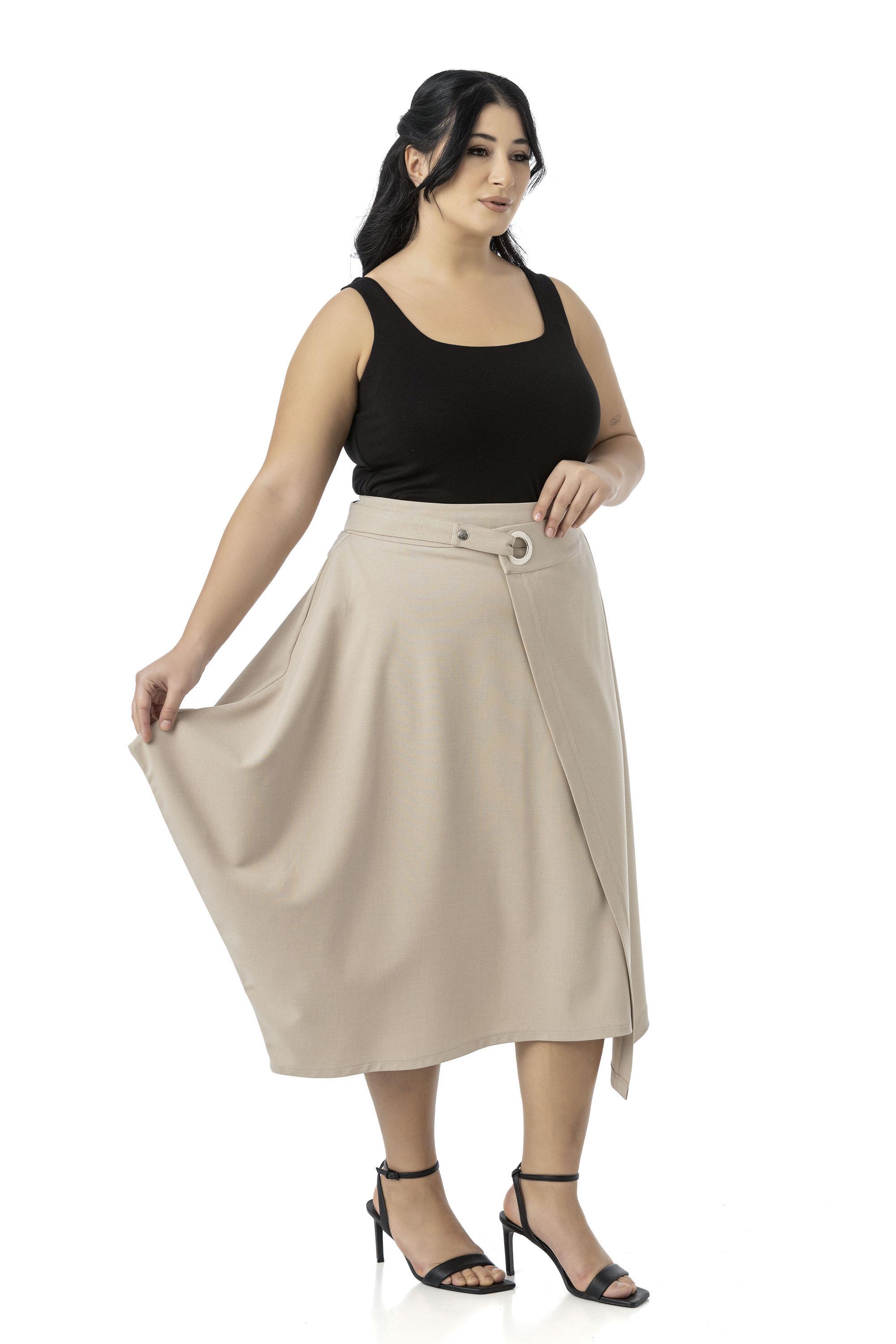 Büyük Beden Asimetrik Kesim Kuşgözü Detaylı Tek Cepli Midi Bej Rengi Etek