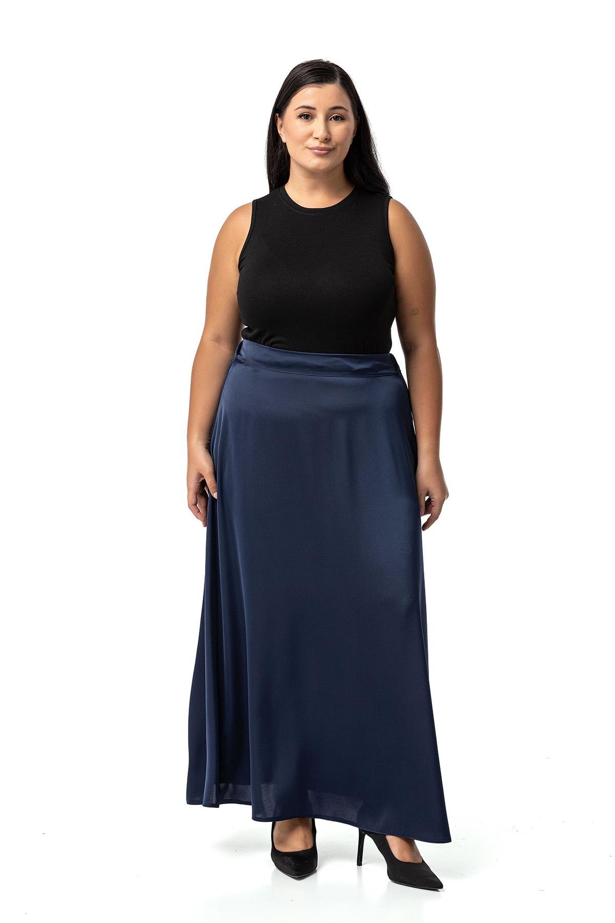 Plus Size Flared Satin Long Navy Blue Skirt with Elastic Waist Back
