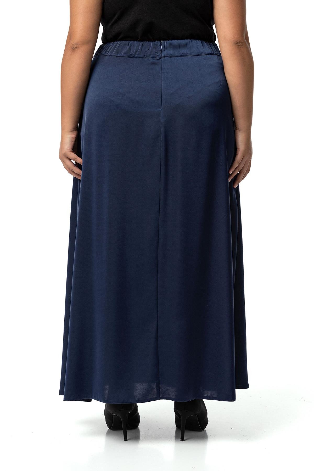 Plus Size Flared Satin Long Navy Blue Skirt with Elastic Waist Back