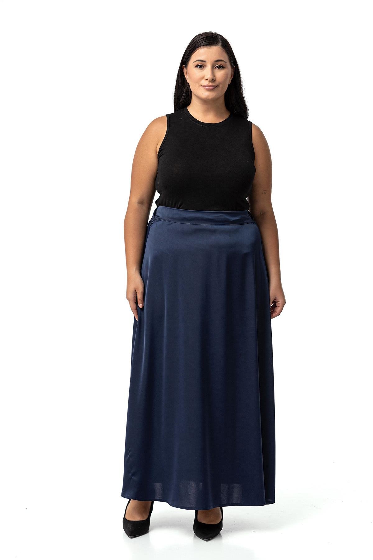 Plus Size Flared Satin Long Navy Blue Skirt with Elastic Waist Back