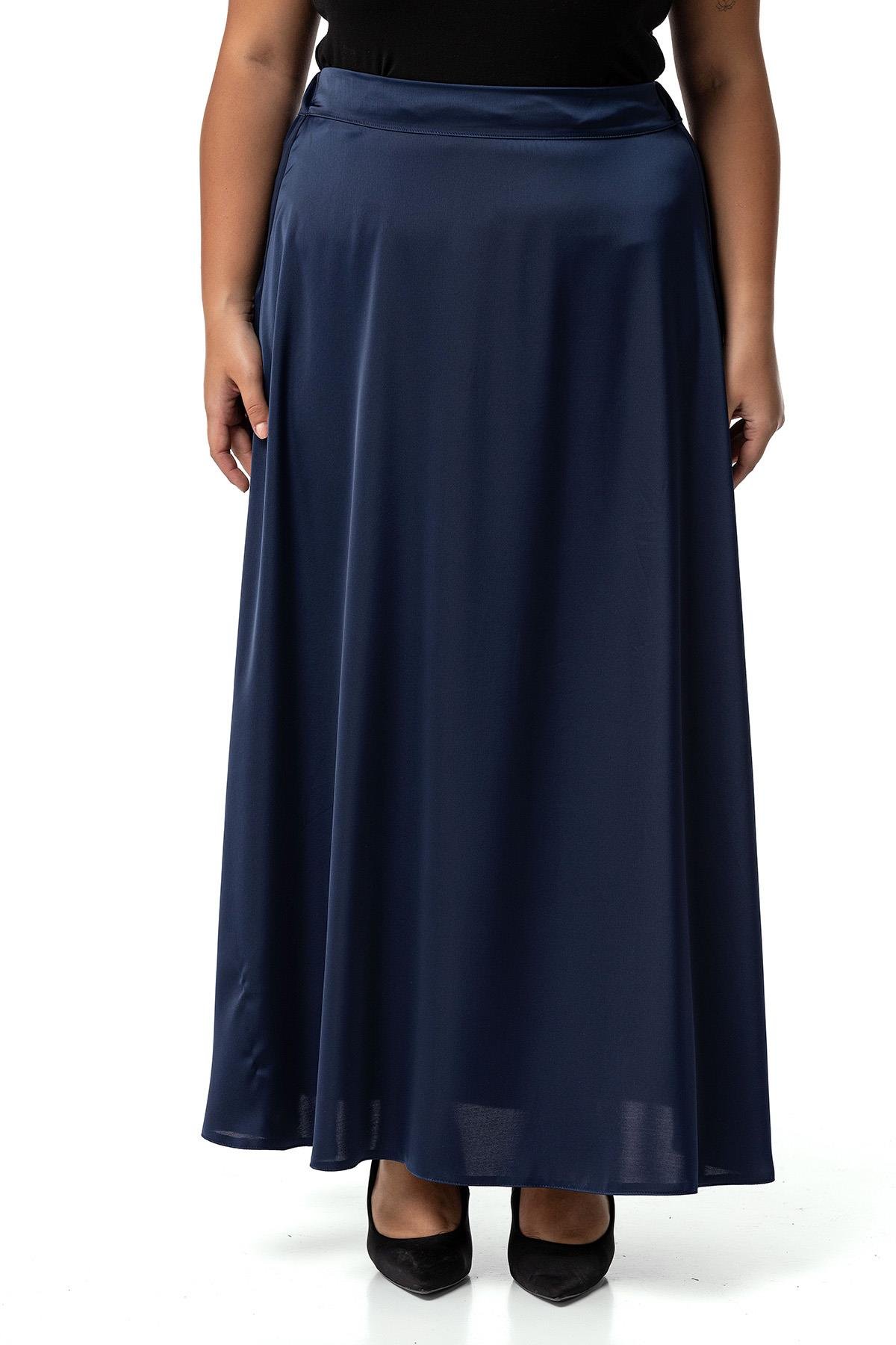 Plus Size Flared Satin Long Navy Blue Skirt with Elastic Waist Back