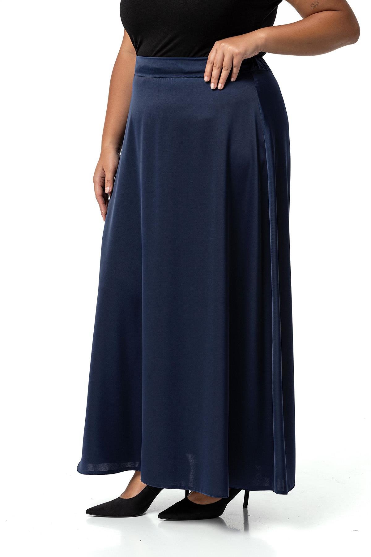 Plus Size Flared Satin Long Navy Blue Skirt with Elastic Waist Back