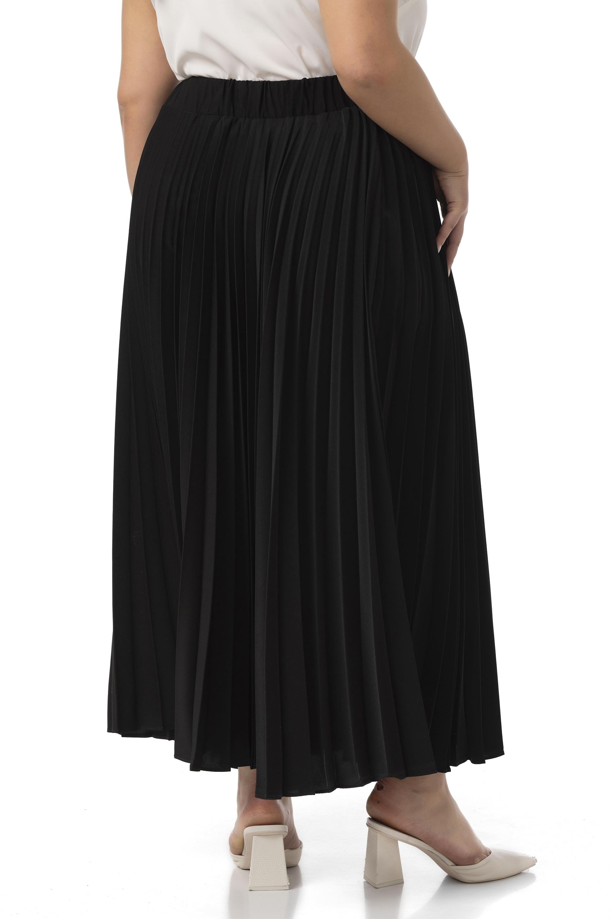 Büyük Beden Beli Lastikli Pileli Uzun Siyah Etek