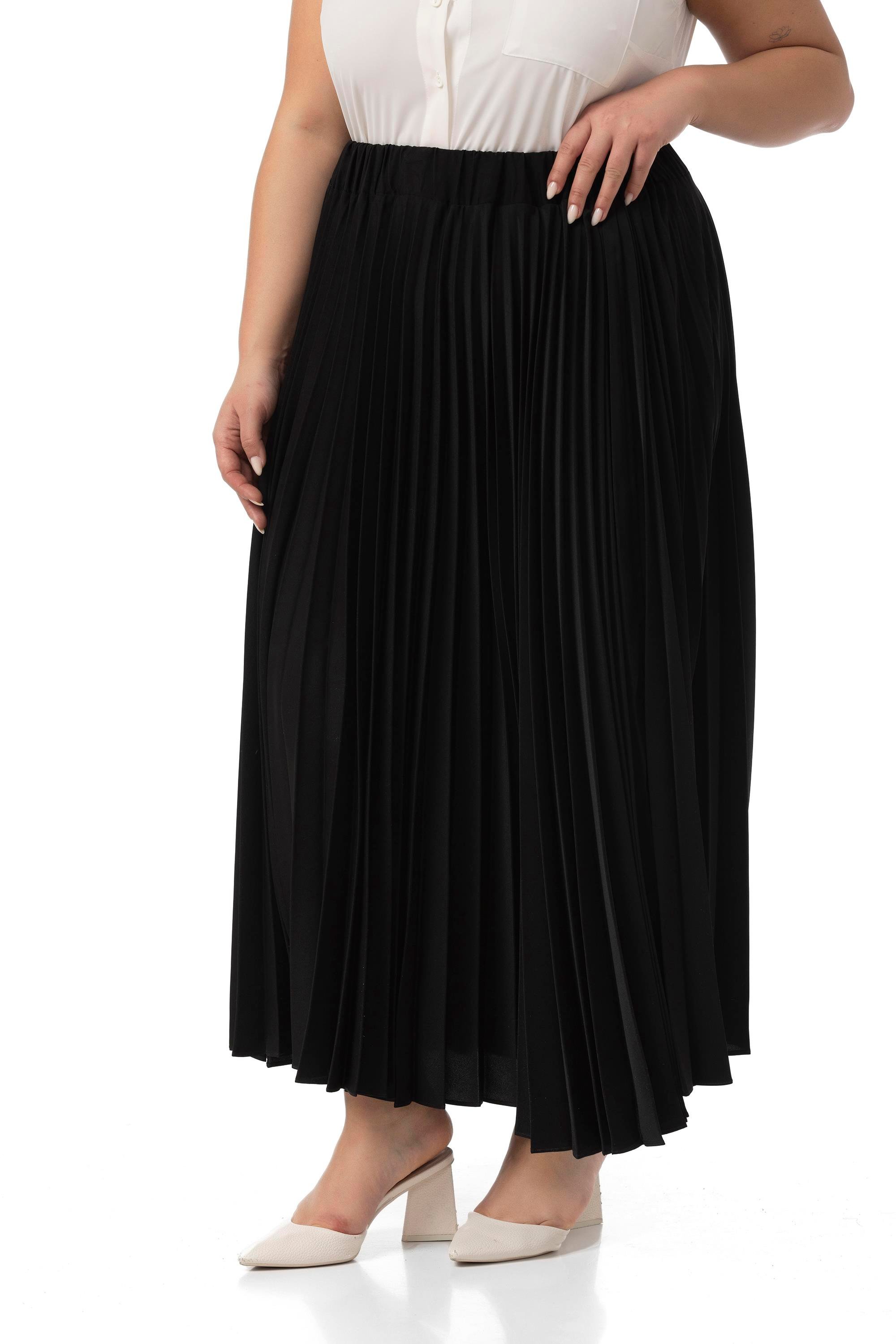 Büyük Beden Beli Lastikli Pileli Uzun Siyah Etek