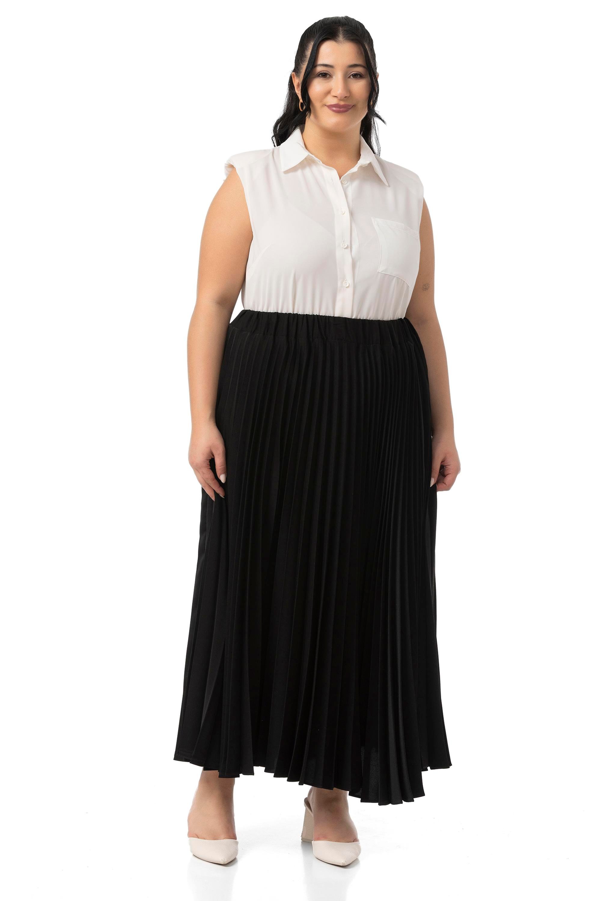 Büyük Beden Beli Lastikli Pileli Uzun Siyah Etek