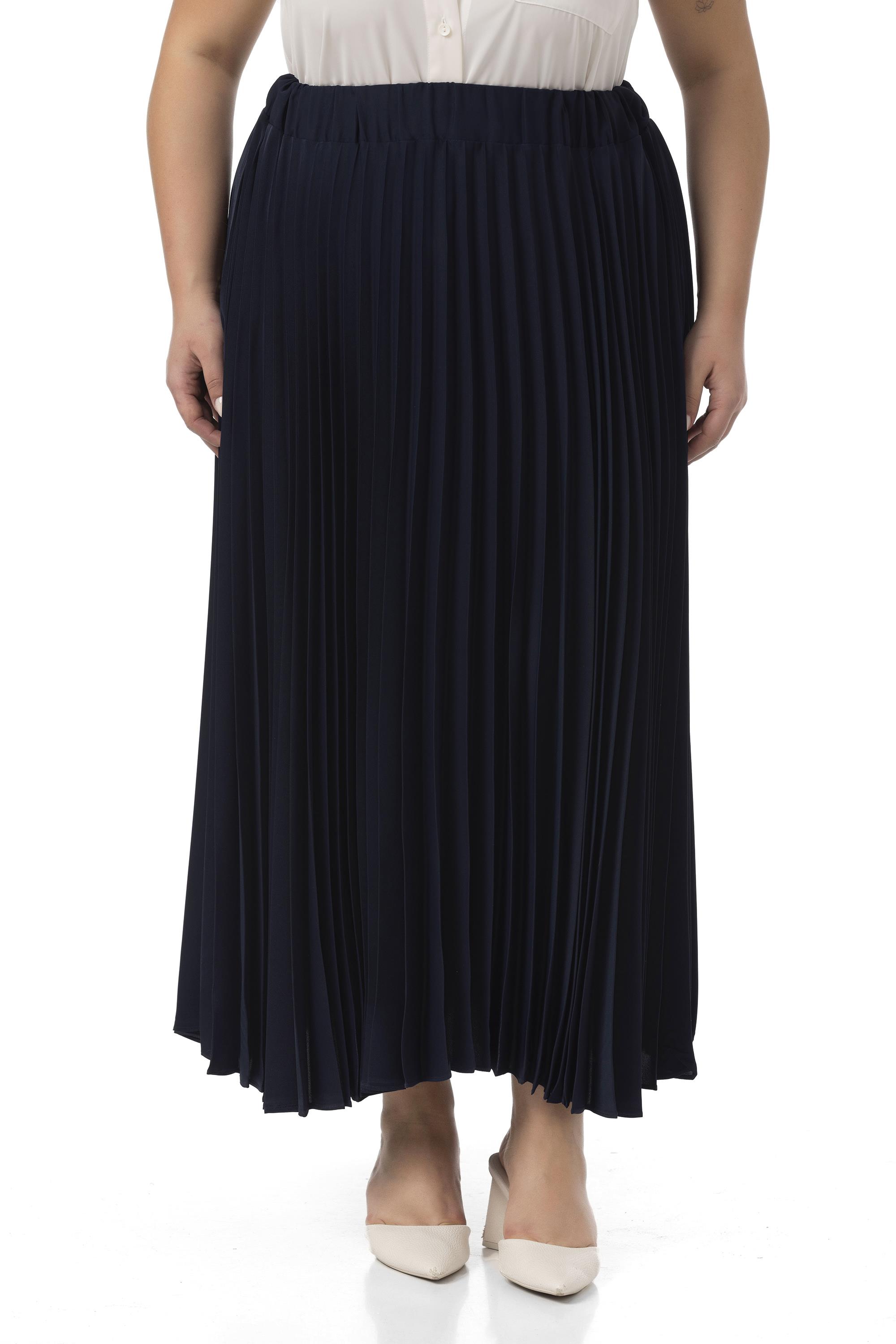 Büyük Beden Beli Lastikli Pileli Uzun Lacivert Etek