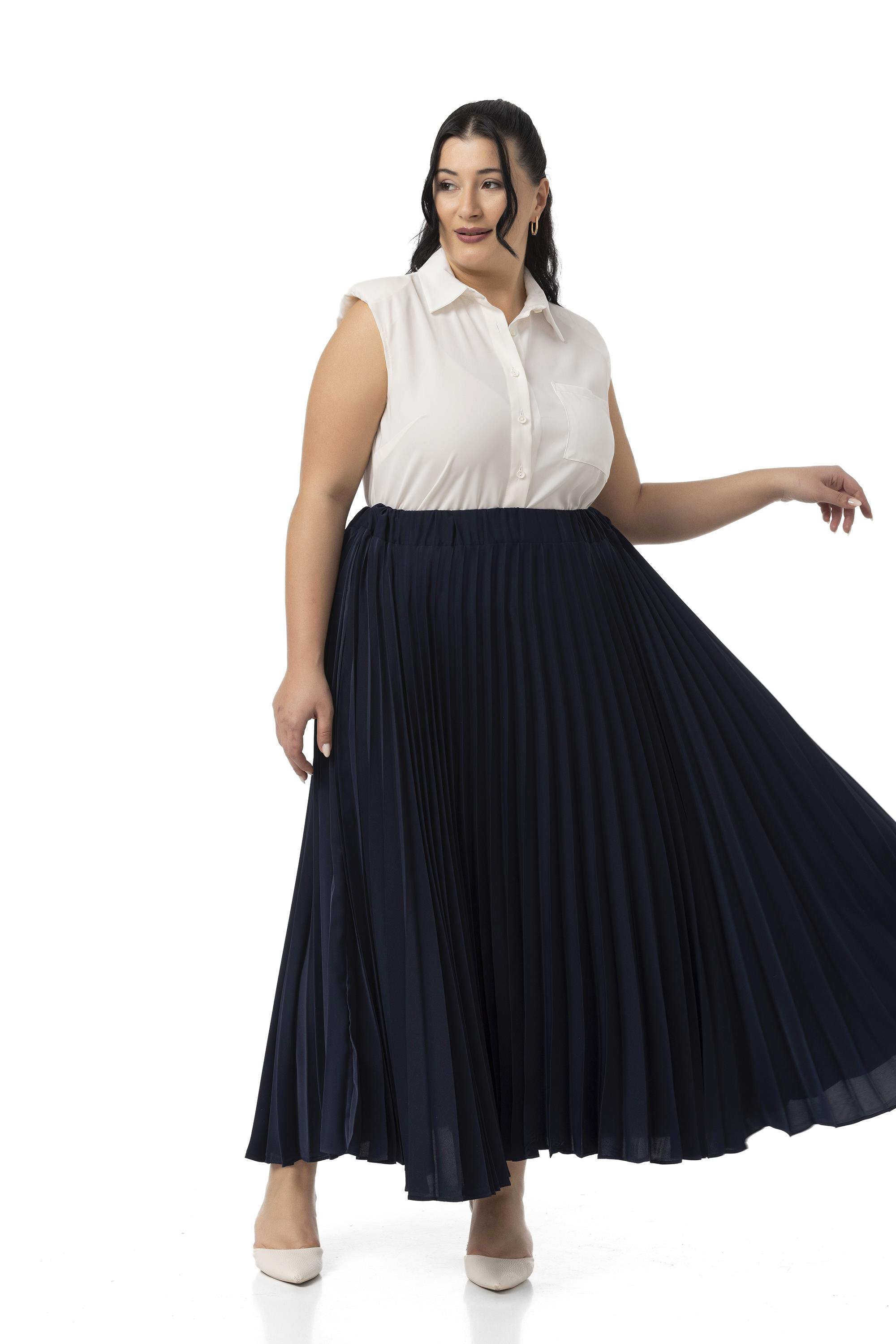 Büyük Beden Beli Lastikli Pileli Uzun Lacivert Etek