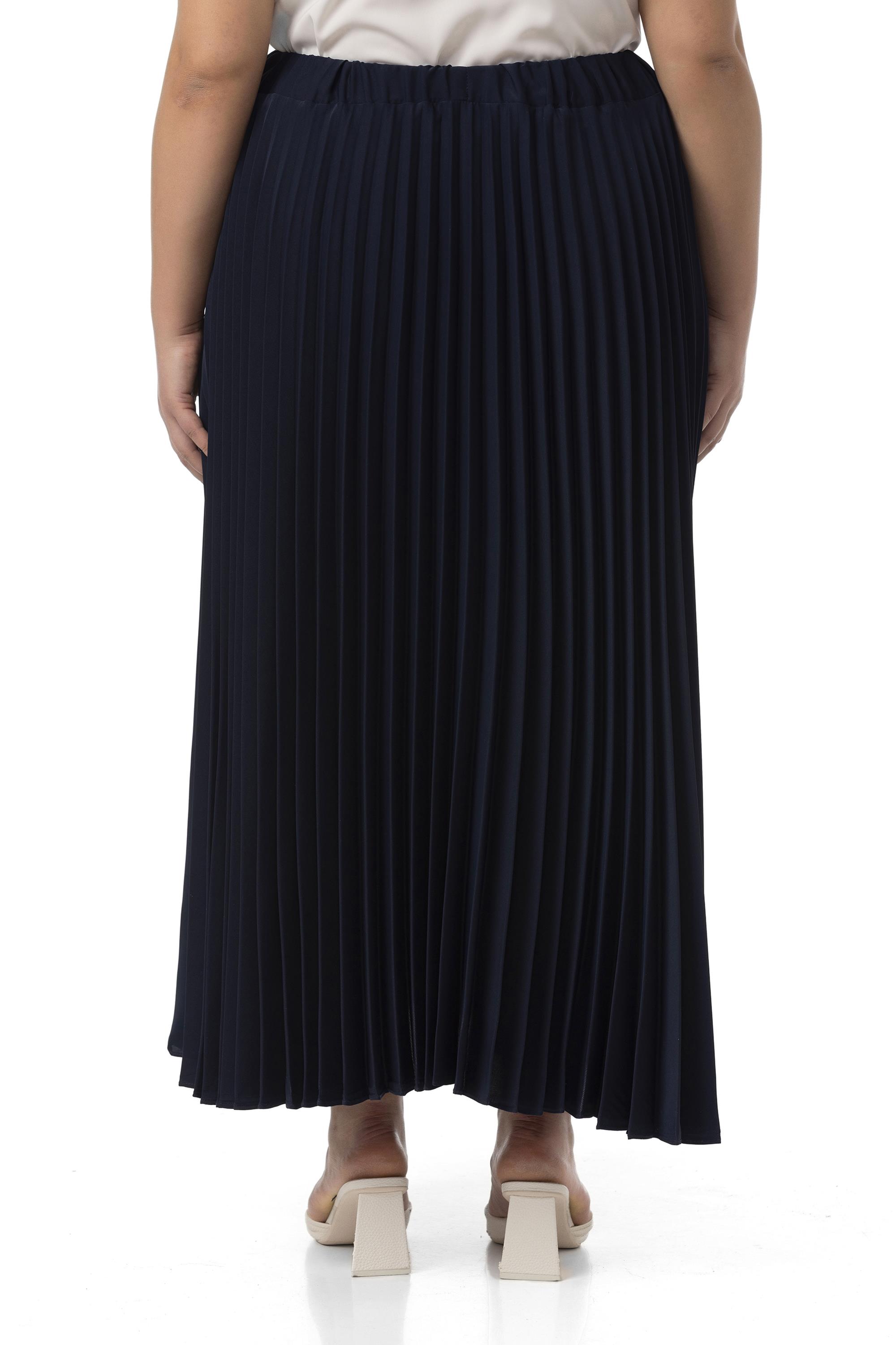 Büyük Beden Beli Lastikli Pileli Uzun Lacivert Etek