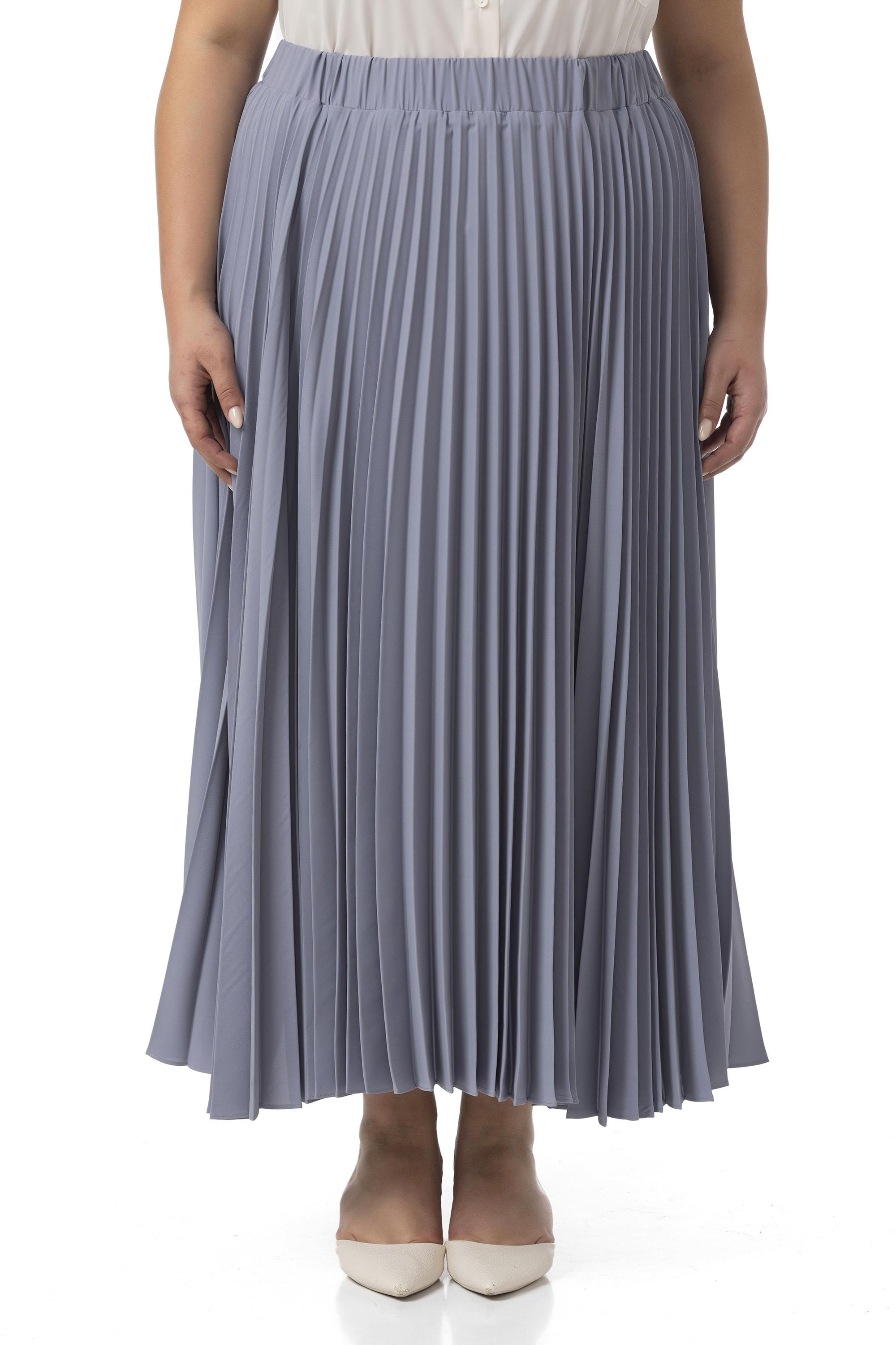 Büyük Beden Beli Lastikli Pileli Uzun Açık Gri Etek