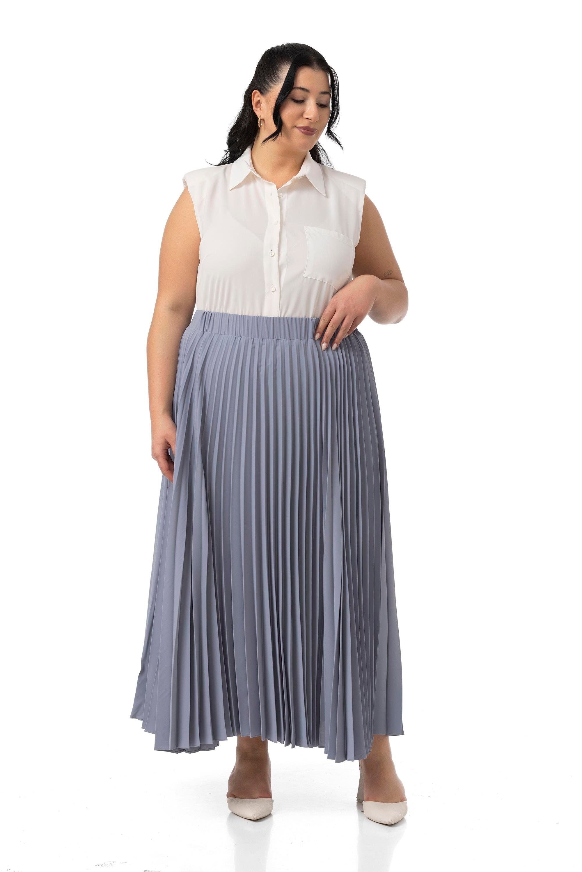 Büyük Beden Beli Lastikli Pileli Uzun Açık Gri Etek